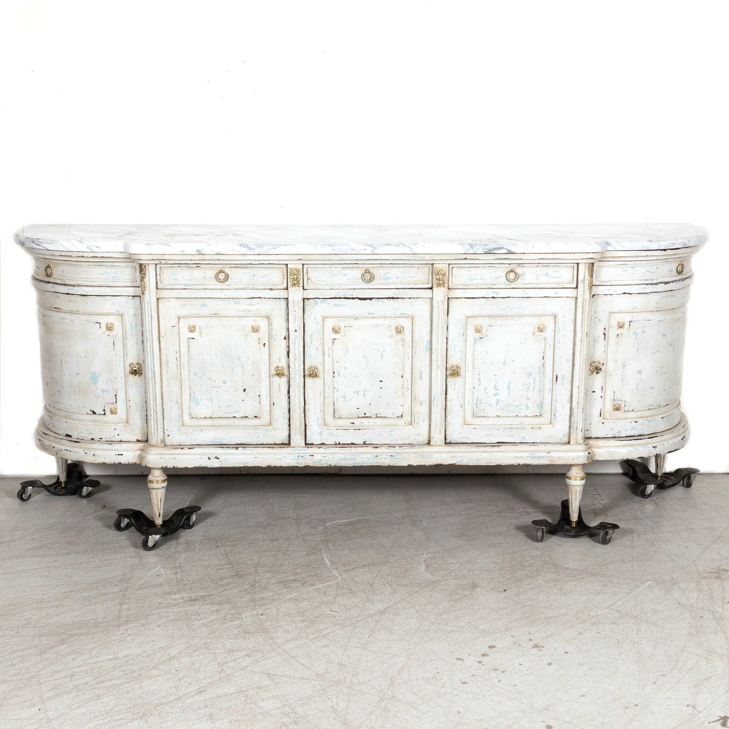 Antique French Painted Louis XVI Style Demilune Enfilade Buffet with Marble Top