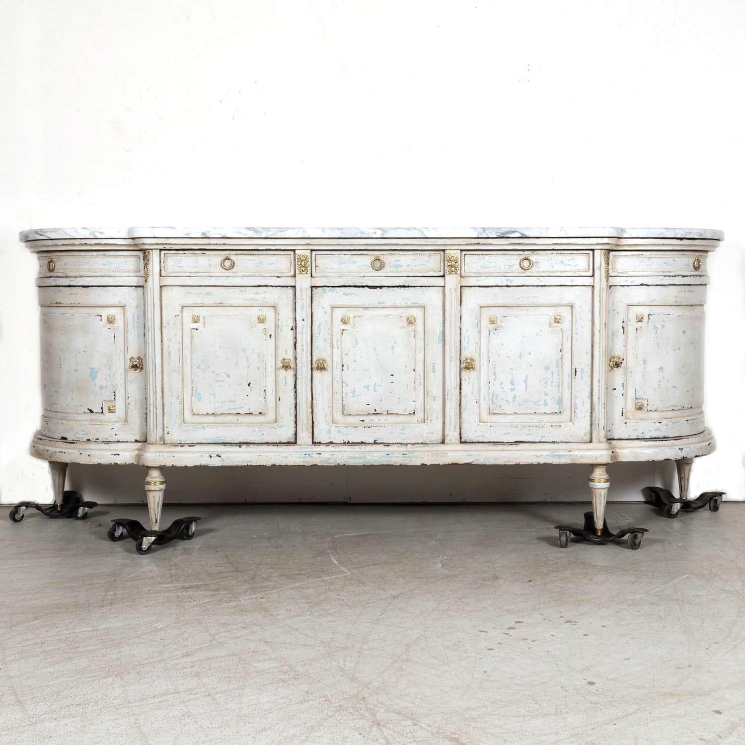 Antique French Painted Louis XVI Style Demilune Enfilade Buffet with Marble Top