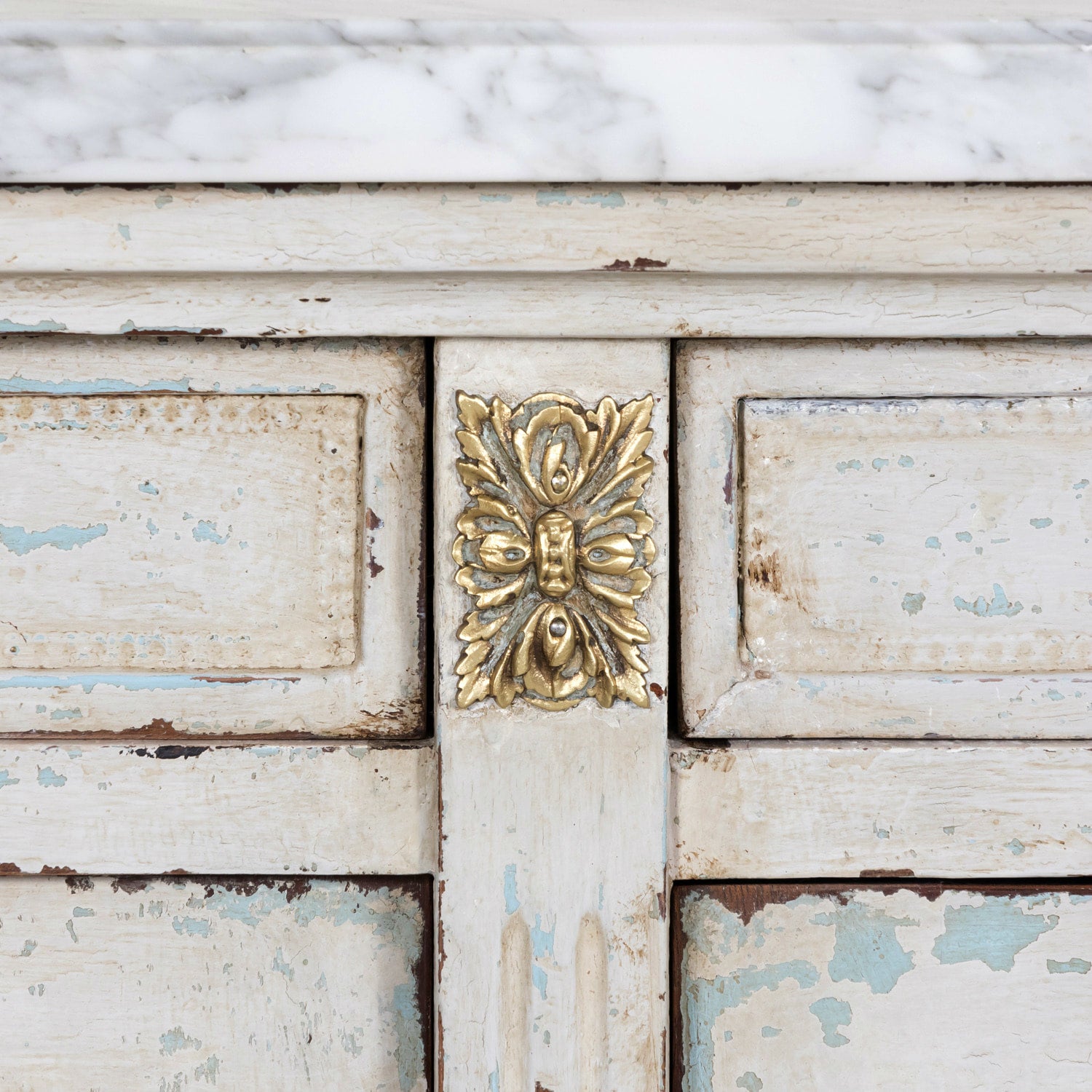 Antique French Painted Louis XVI Style Demilune Enfilade Buffet with Marble Top