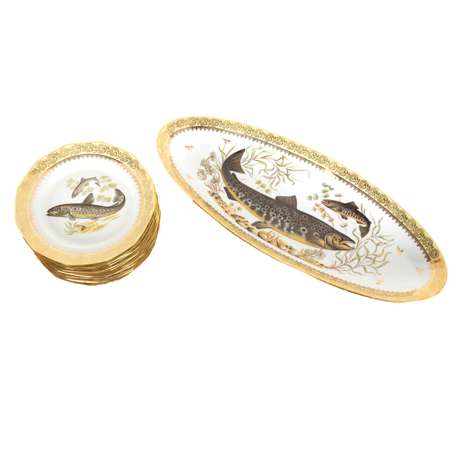 French Limoges Porcelain Fish Service by Chatelaud