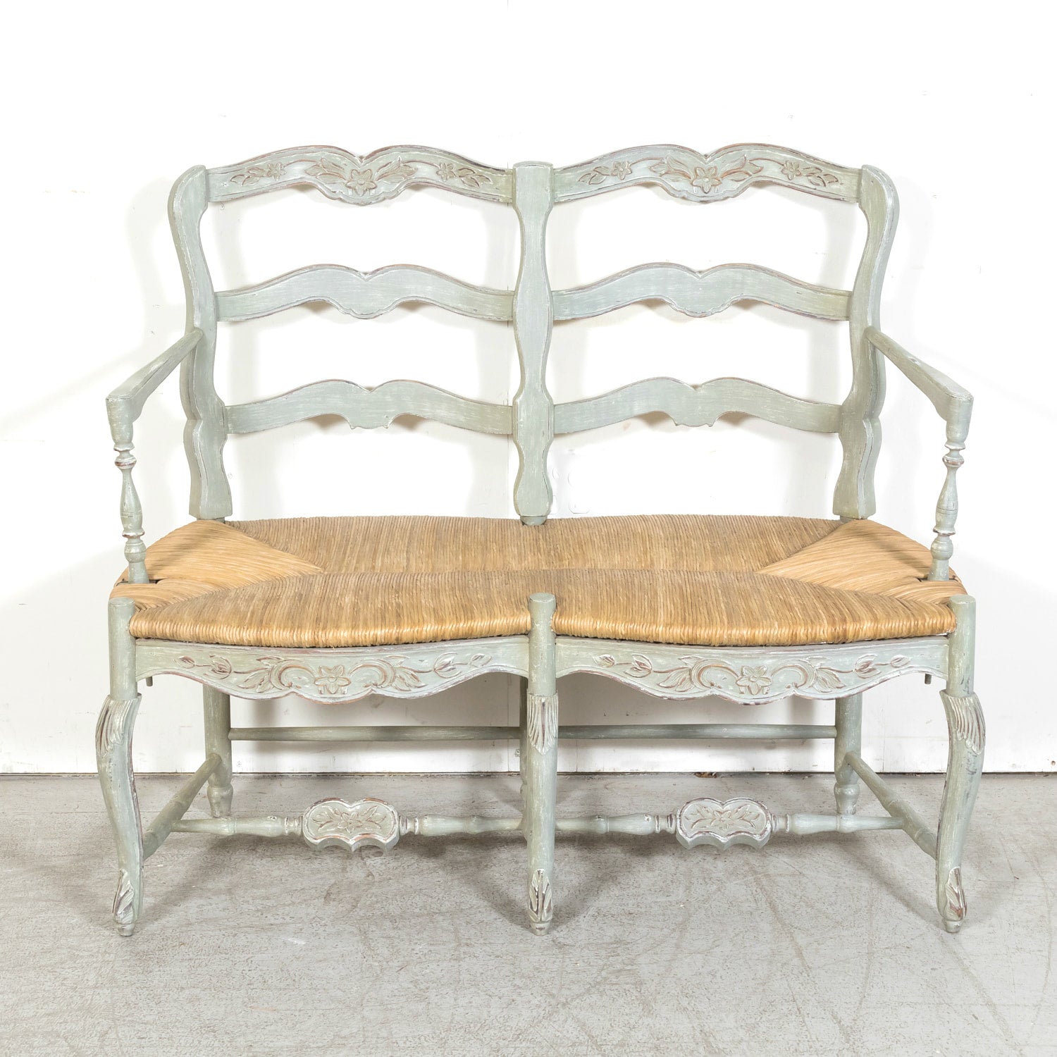 Antique French Provençal Louis XV Style Painted Settee or Radassier with Rush Seat