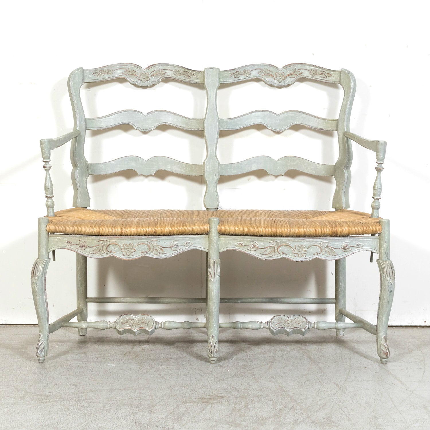 Antique French Provençal Louis XV Style Painted Settee or Radassier with Rush Seat