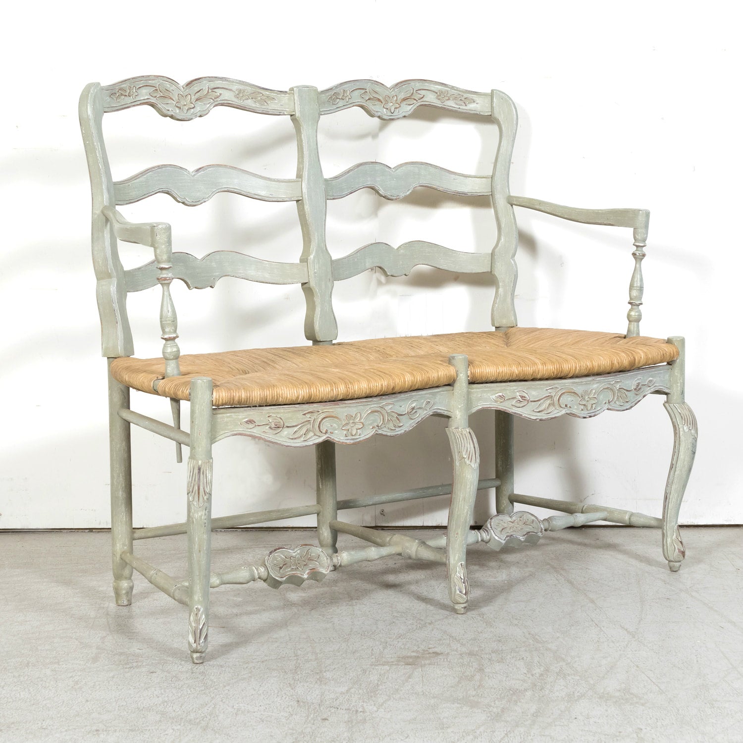 Antique French Provençal Louis XV Style Painted Settee or Radassier with Rush Seat