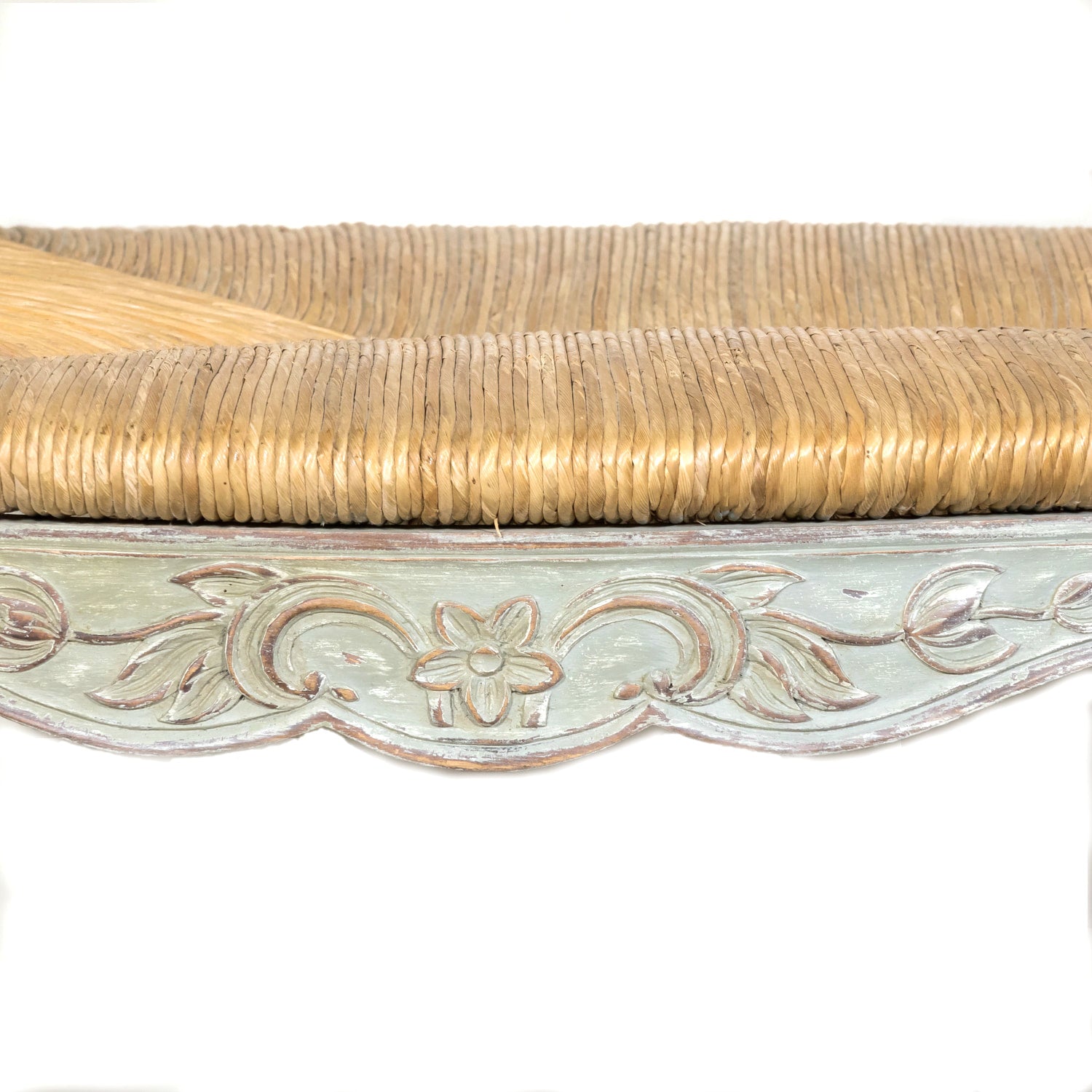 Antique French Provençal Louis XV Style Painted Settee or Radassier with Rush Seat