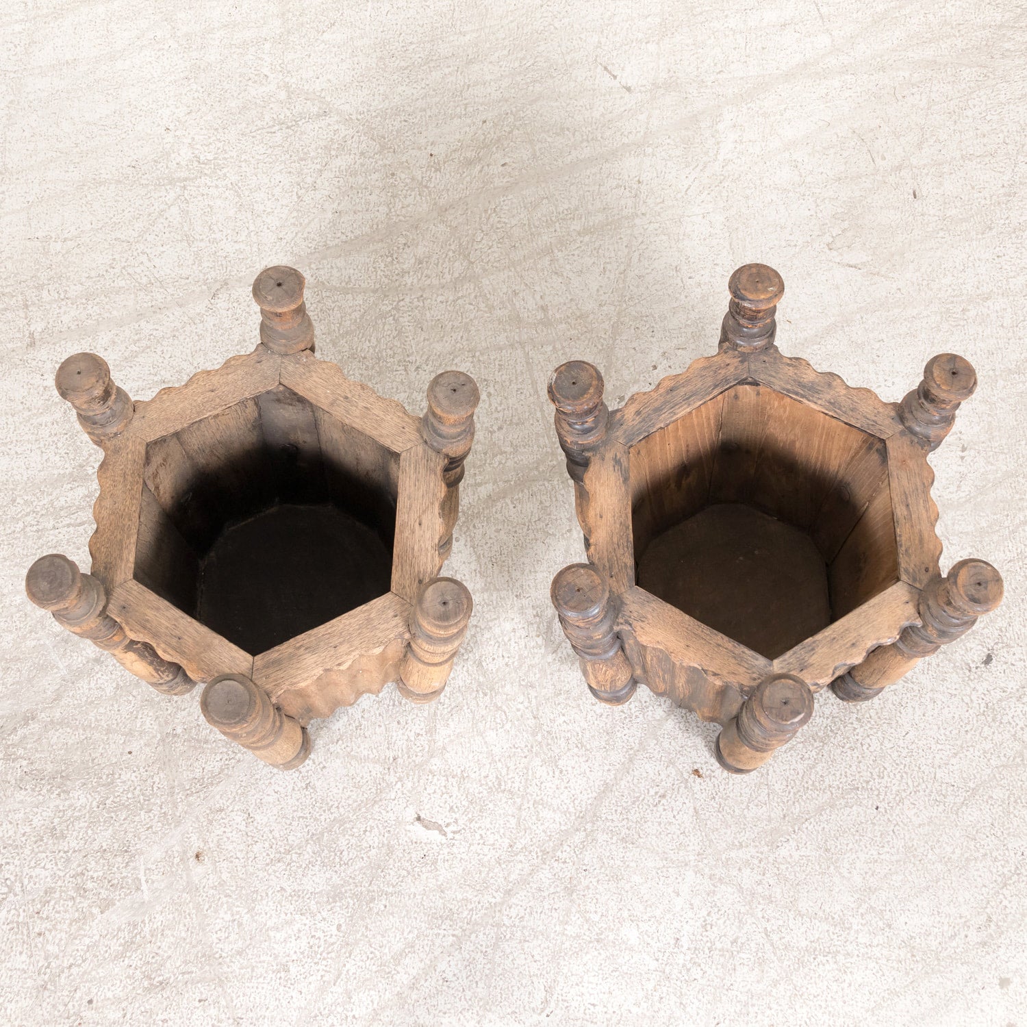 Pair of Antique French Carved Oak Hexagonal Planters or Jardinieres