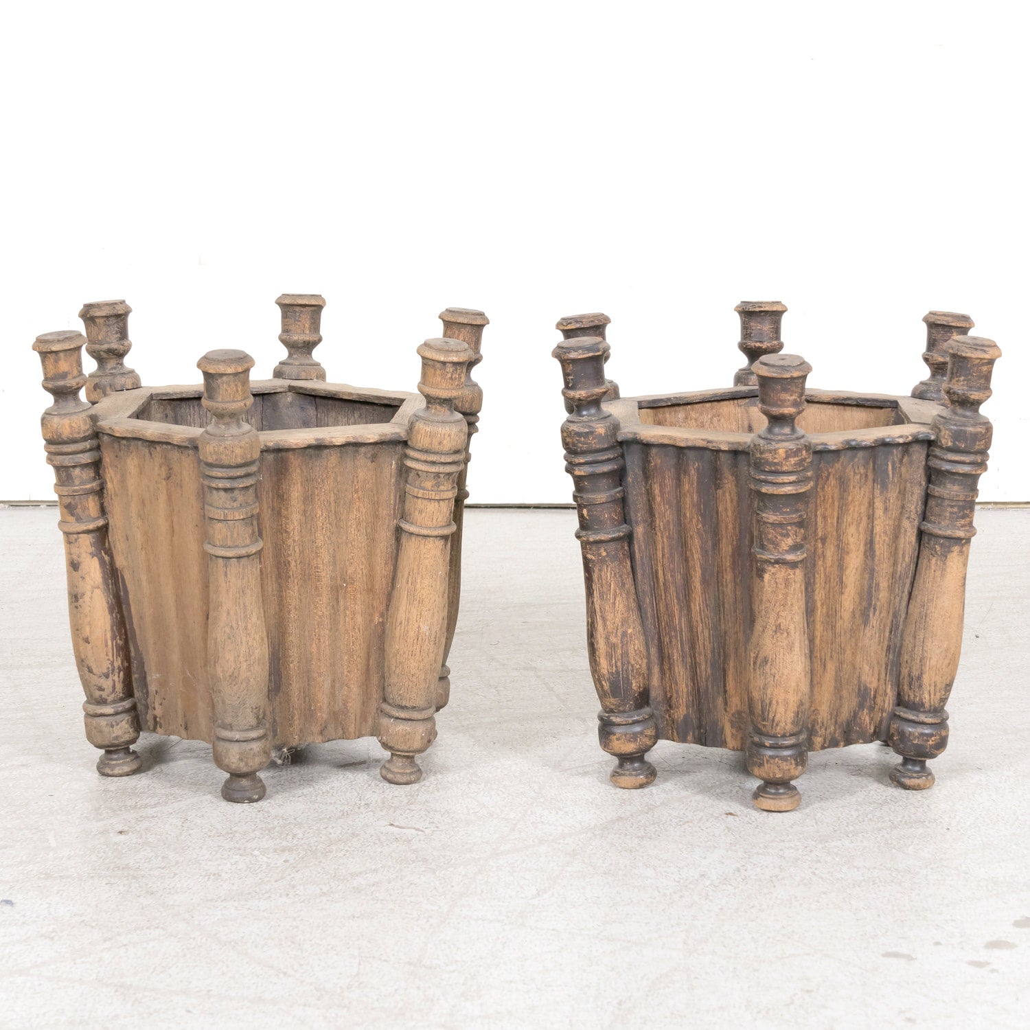 Pair of Antique French Carved Oak Hexagonal Planters or Jardinieres
