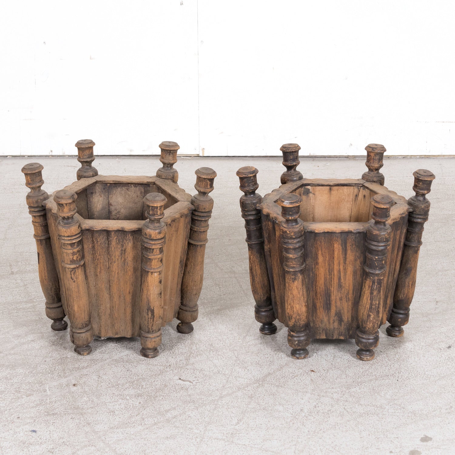 Pair of Antique French Carved Oak Hexagonal Planters or Jardinieres