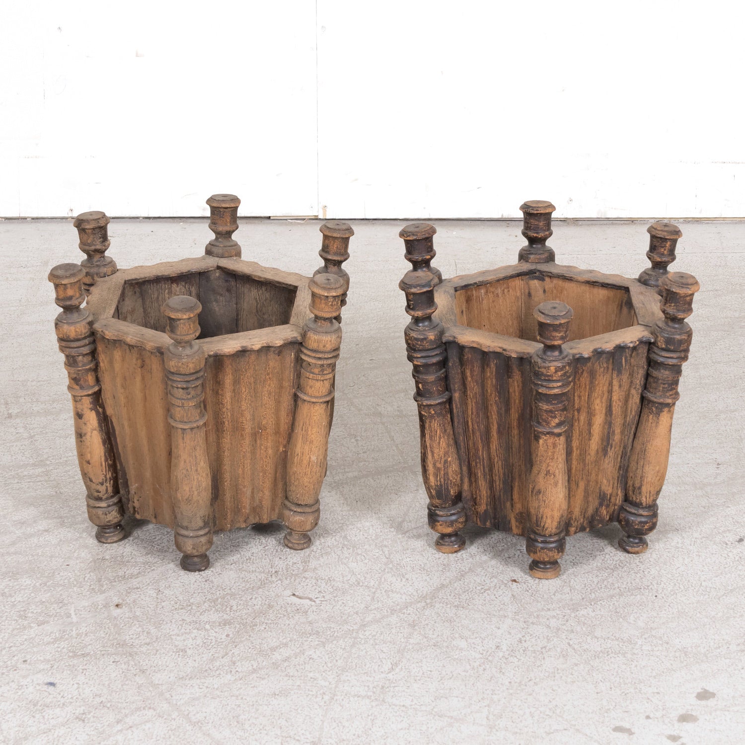 Pair of Antique French Carved Oak Hexagonal Planters or Jardinieres