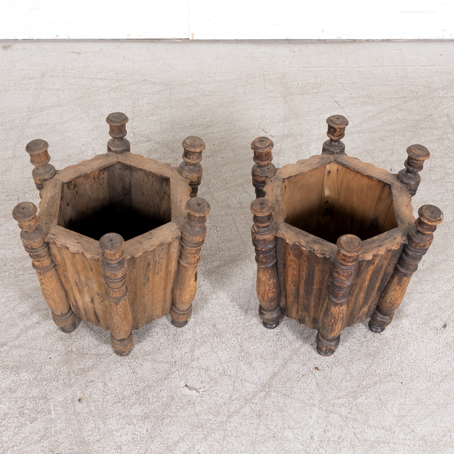 Pair of Antique French Carved Oak Hexagonal Planters or Jardinieres
