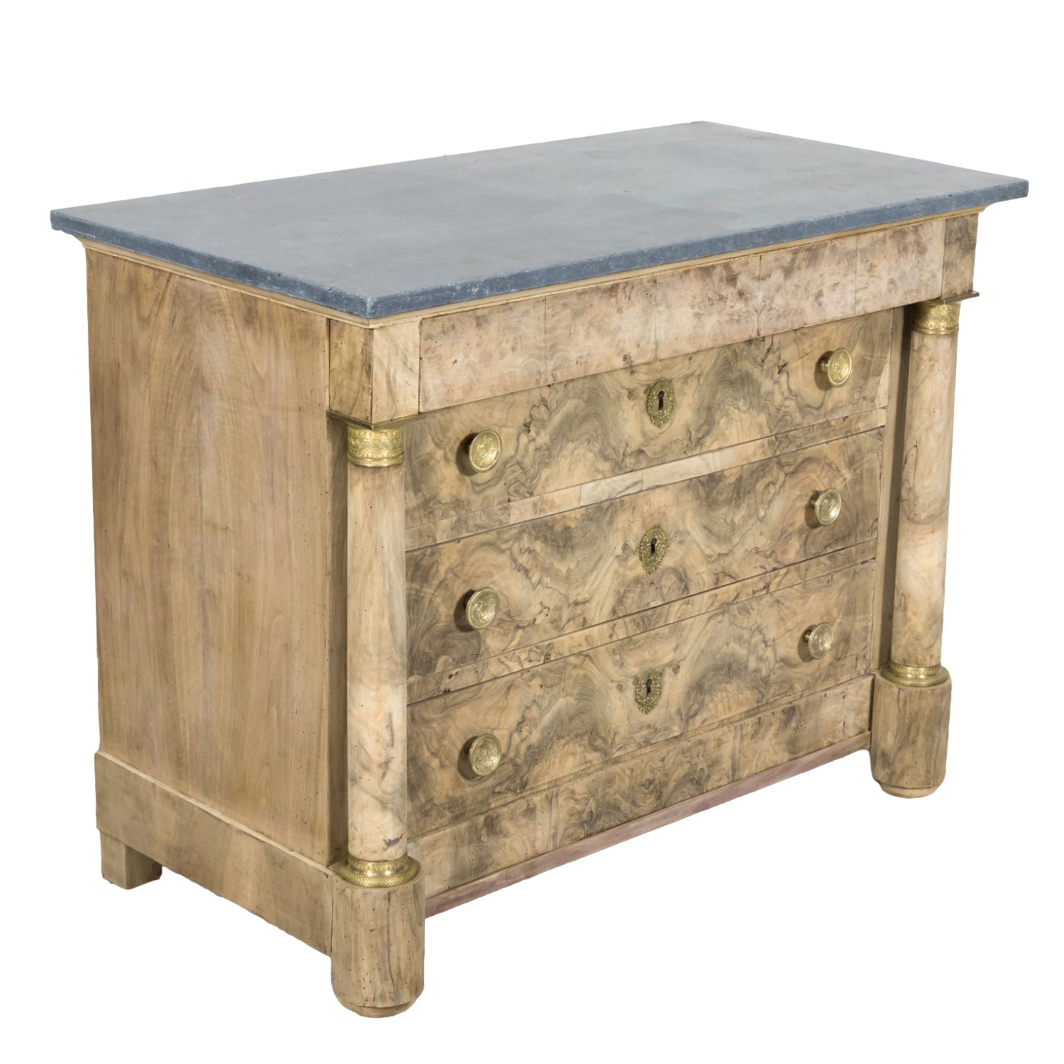19th Century French Empire Period Bleached Walnut Commode with Marble Top and Bookmatched Front