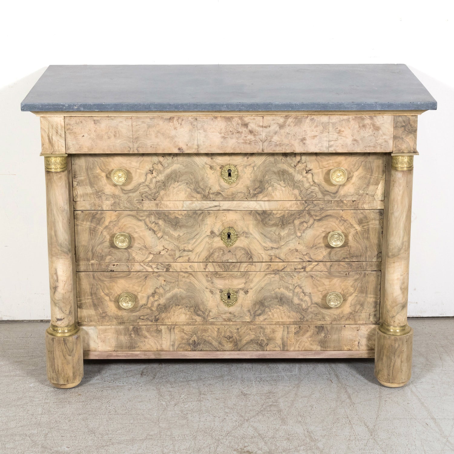 19th Century French Empire Period Bleached Walnut Commode with Marble Top and Bookmatched Front