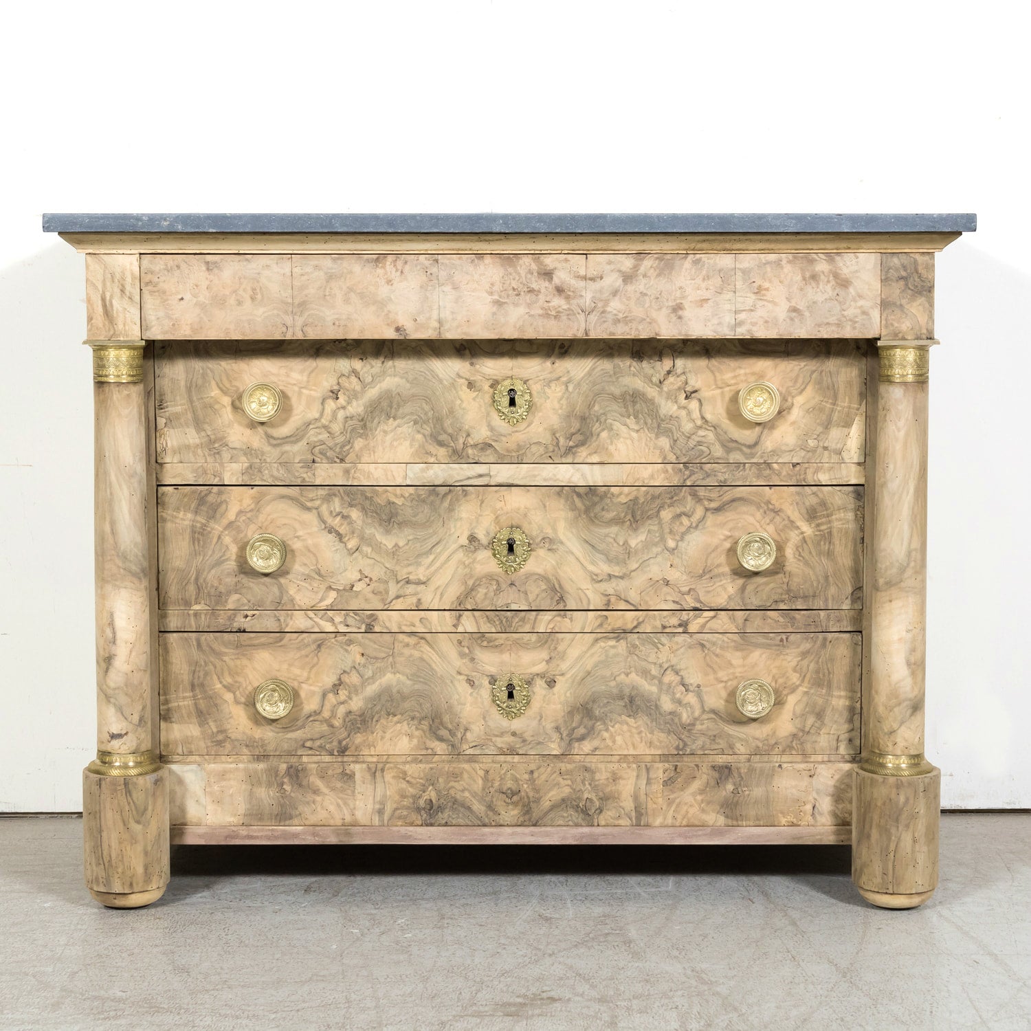19th Century French Empire Period Bleached Walnut Commode with Marble Top and Bookmatched Front
