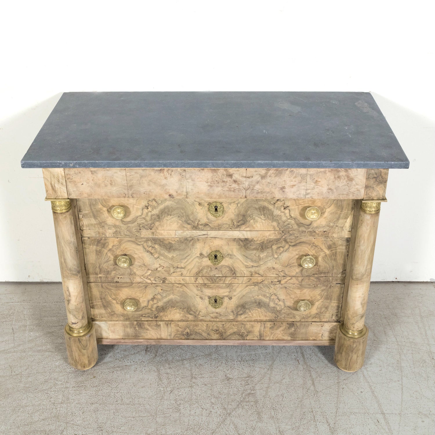 19th Century French Empire Period Bleached Walnut Commode with Marble Top and Bookmatched Front