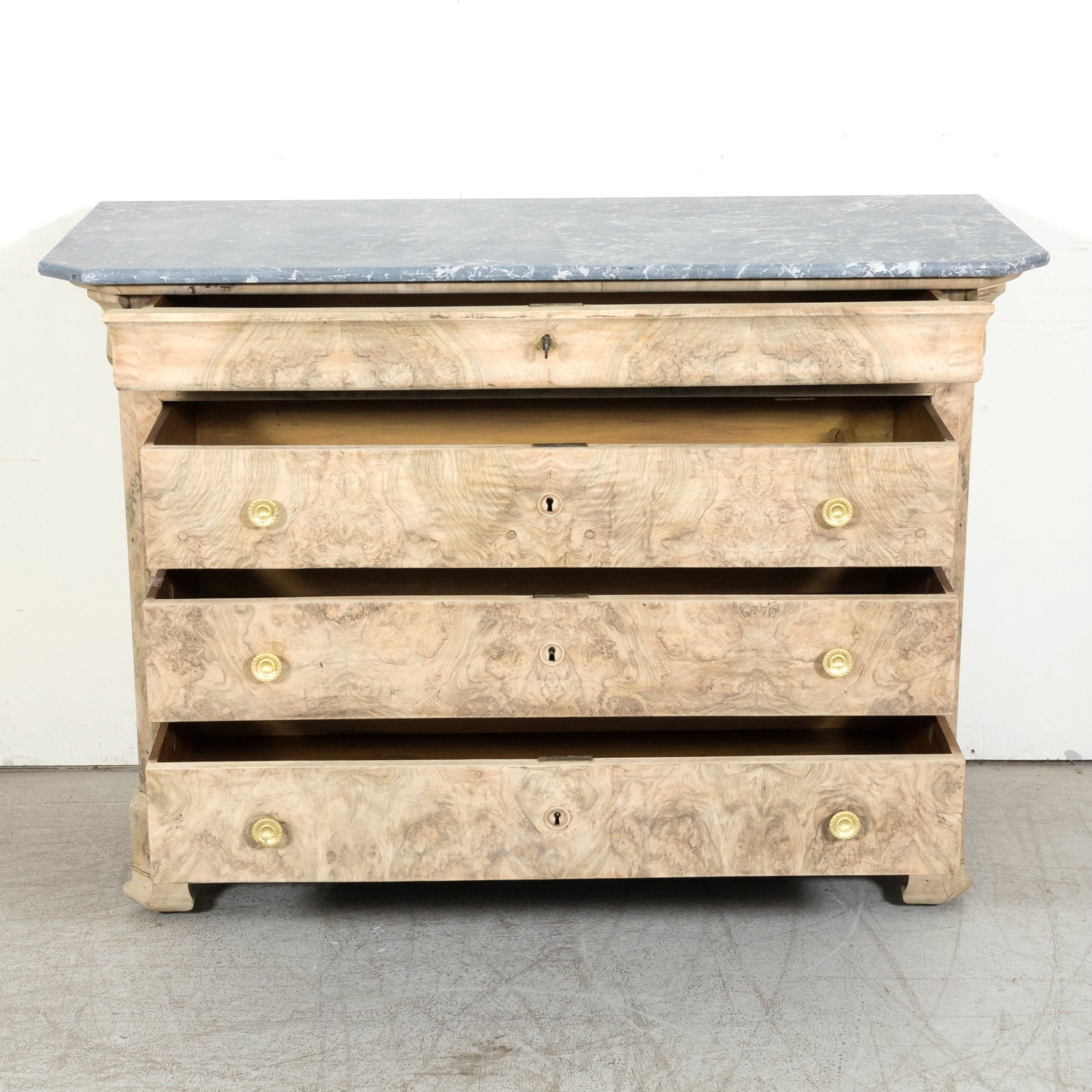 19th Century French Bleached Walnut Louis Philippe Style Commode with Bookmatched Burled Walnut Front and Marble Top