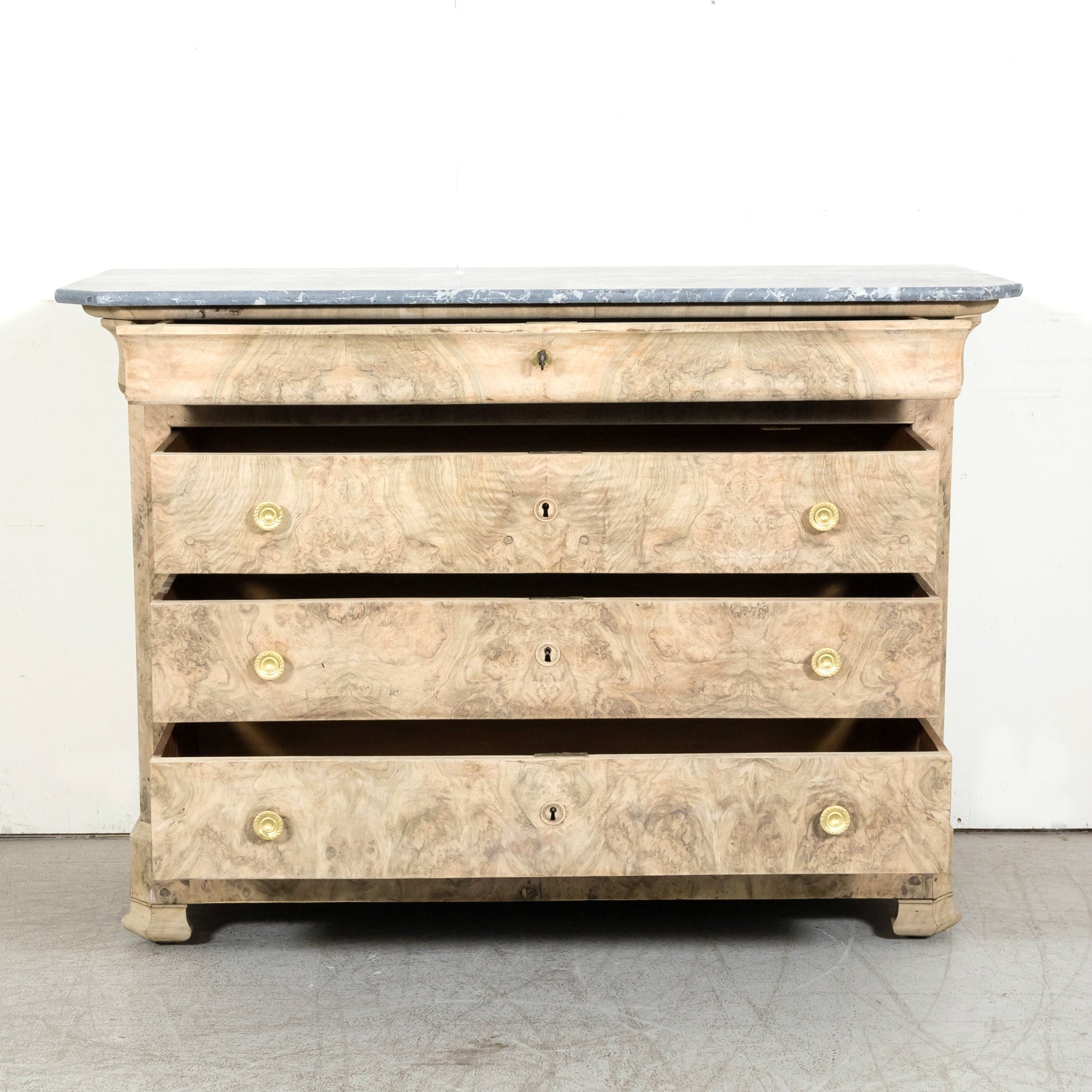 19th Century French Bleached Walnut Louis Philippe Style Commode with Bookmatched Burled Walnut Front and Marble Top