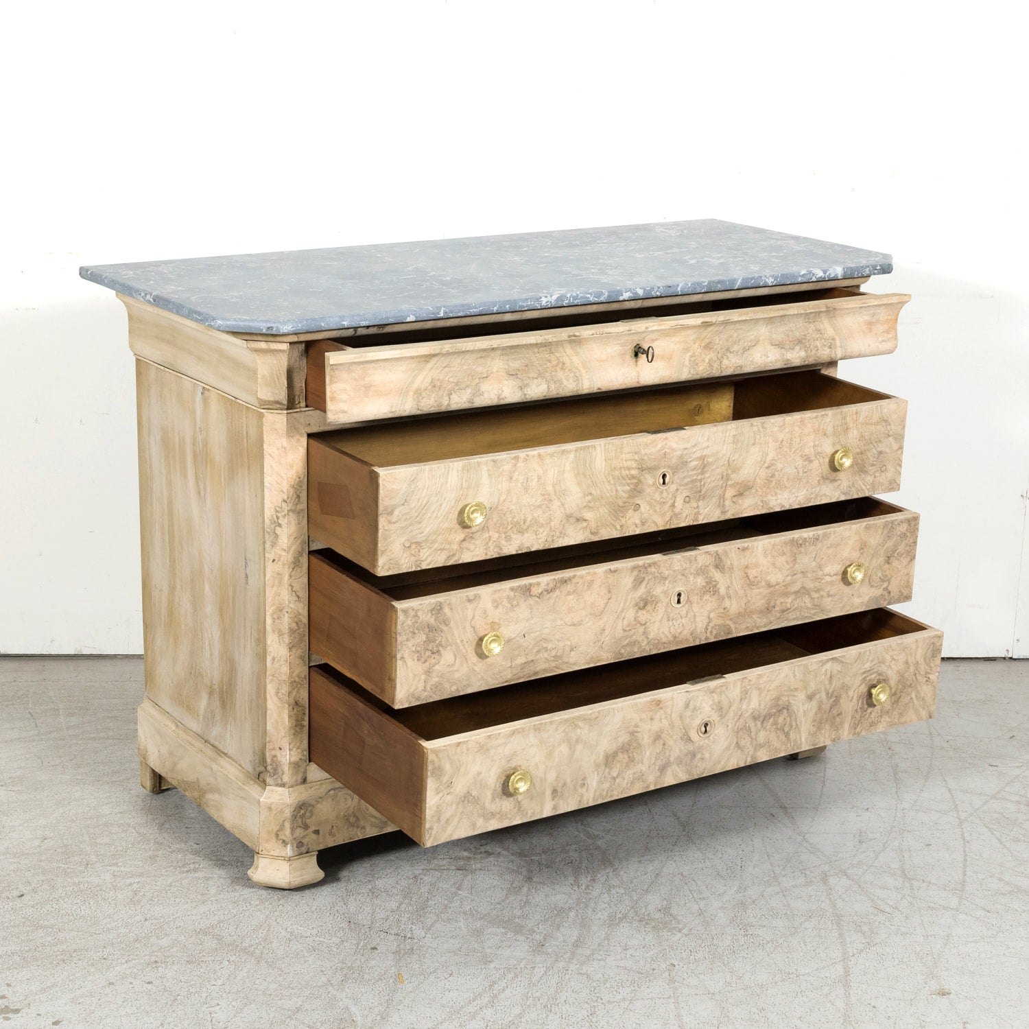 19th Century French Bleached Walnut Louis Philippe Style Commode with Bookmatched Burled Walnut Front and Marble Top