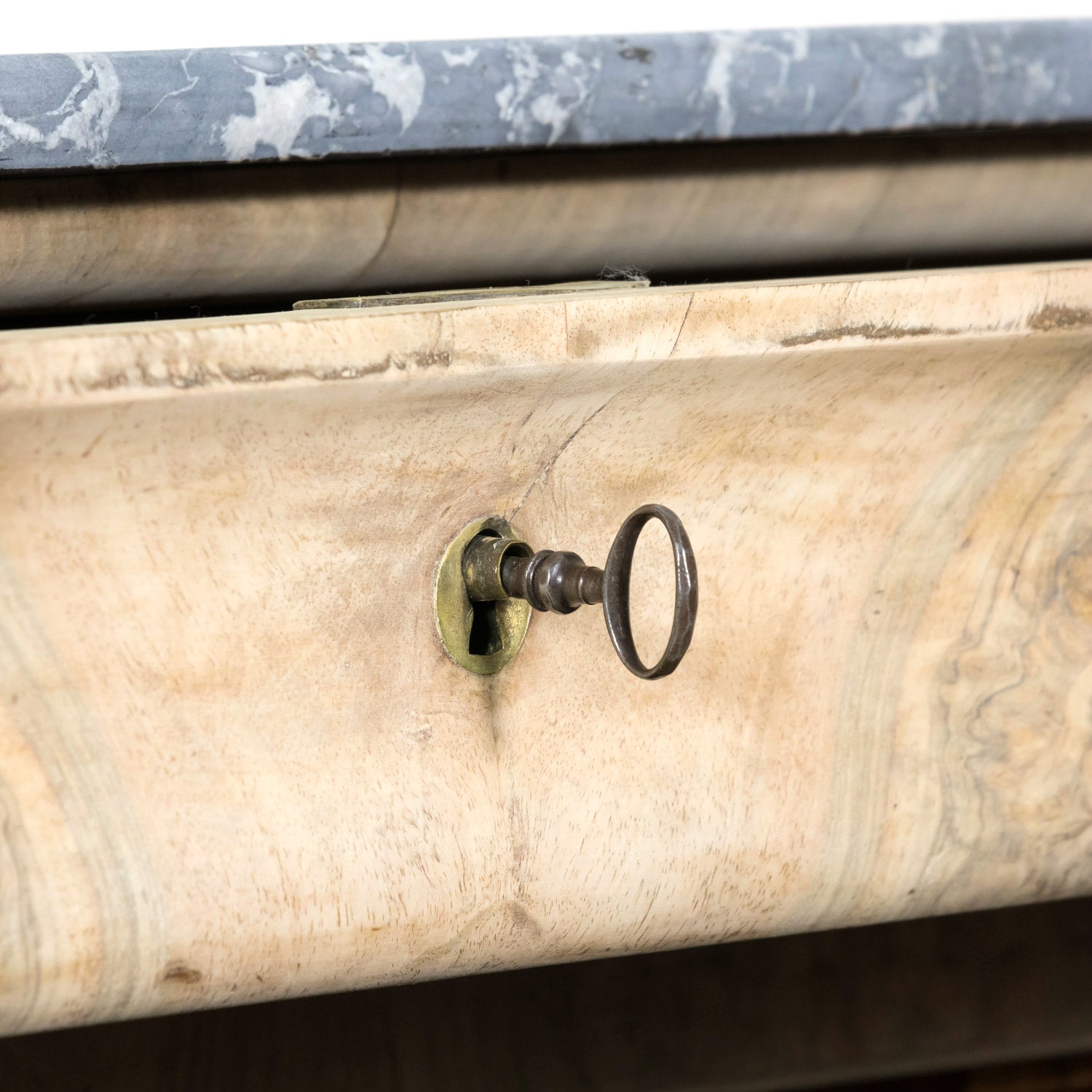 19th Century French Bleached Walnut Louis Philippe Style Commode with Bookmatched Burled Walnut Front and Marble Top