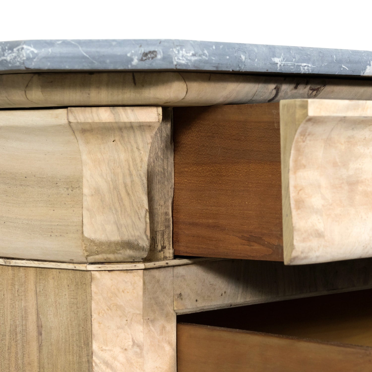 19th Century French Bleached Walnut Louis Philippe Style Commode with Bookmatched Burled Walnut Front and Marble Top