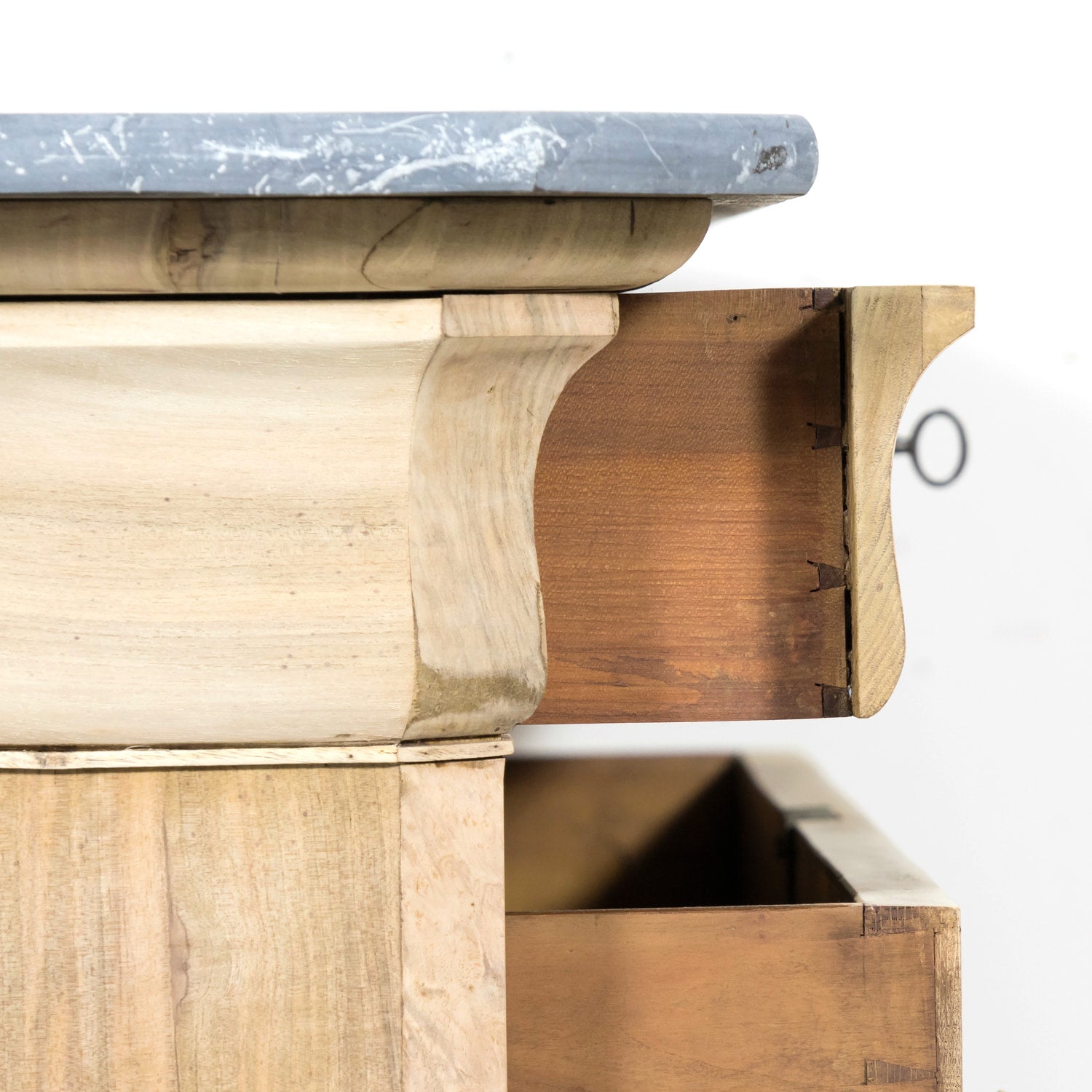 19th Century French Bleached Walnut Louis Philippe Style Commode with Bookmatched Burled Walnut Front and Marble Top