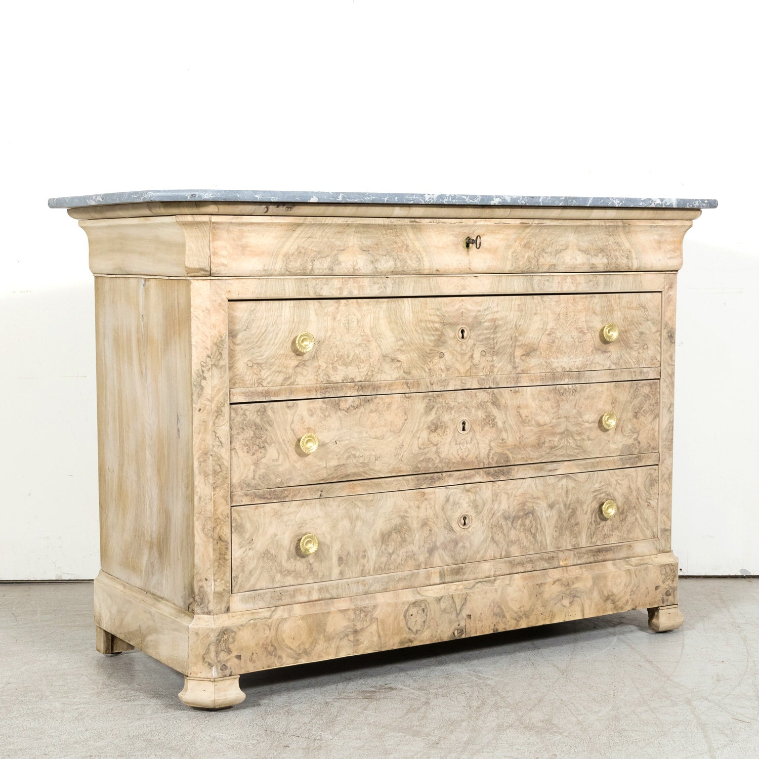 19th Century French Bleached Walnut Louis Philippe Style Commode with Bookmatched Burled Walnut Front and Marble Top