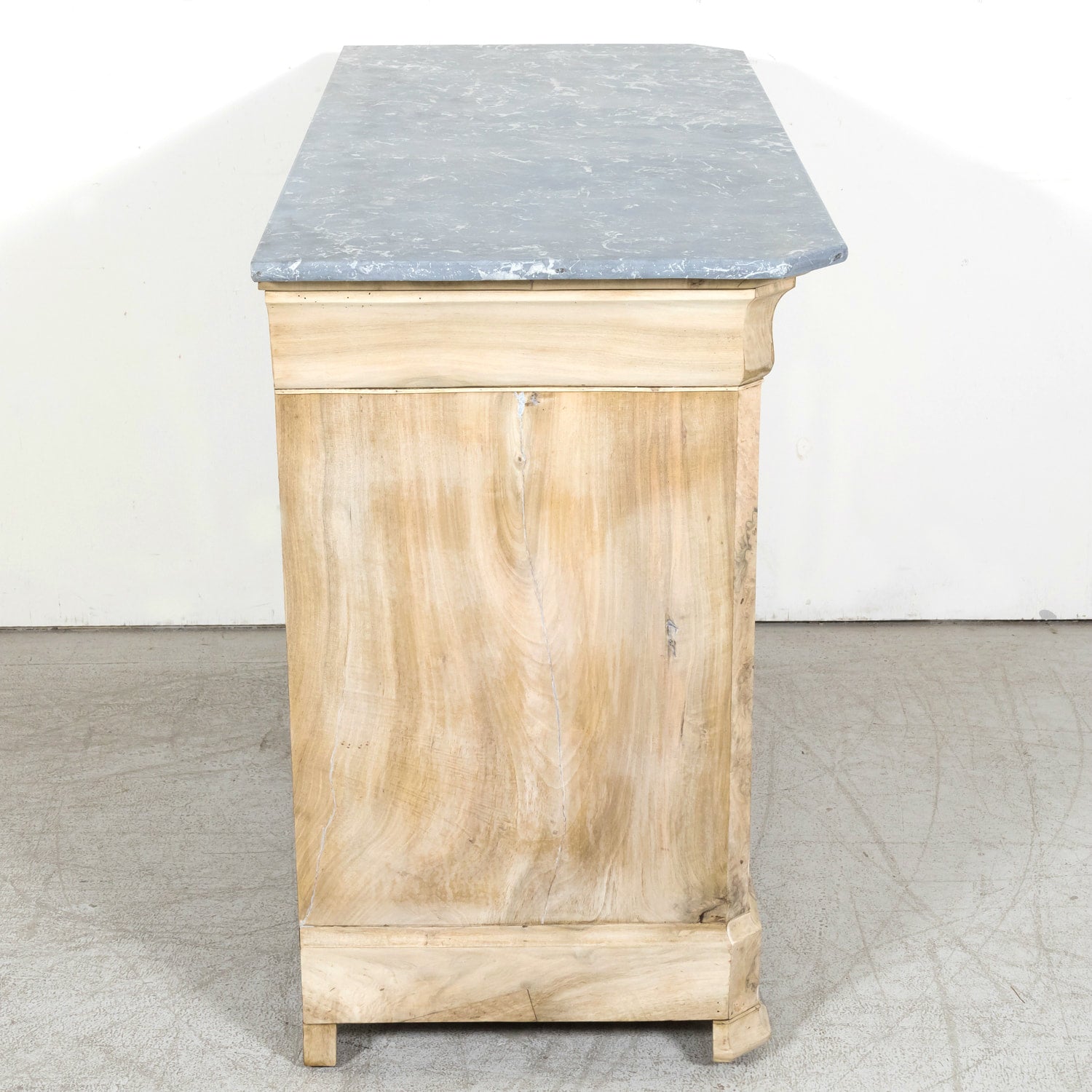 19th Century French Bleached Walnut Louis Philippe Style Commode with Bookmatched Burled Walnut Front and Marble Top