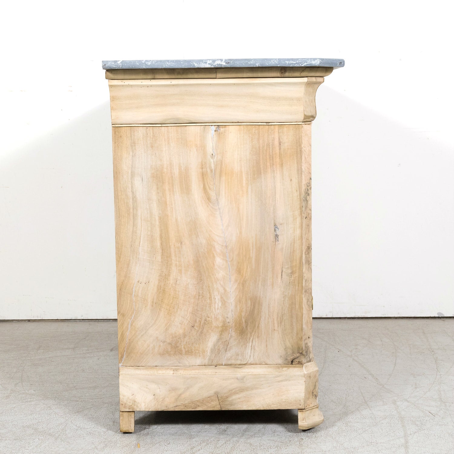 19th Century French Bleached Walnut Louis Philippe Style Commode with Bookmatched Burled Walnut Front and Marble Top
