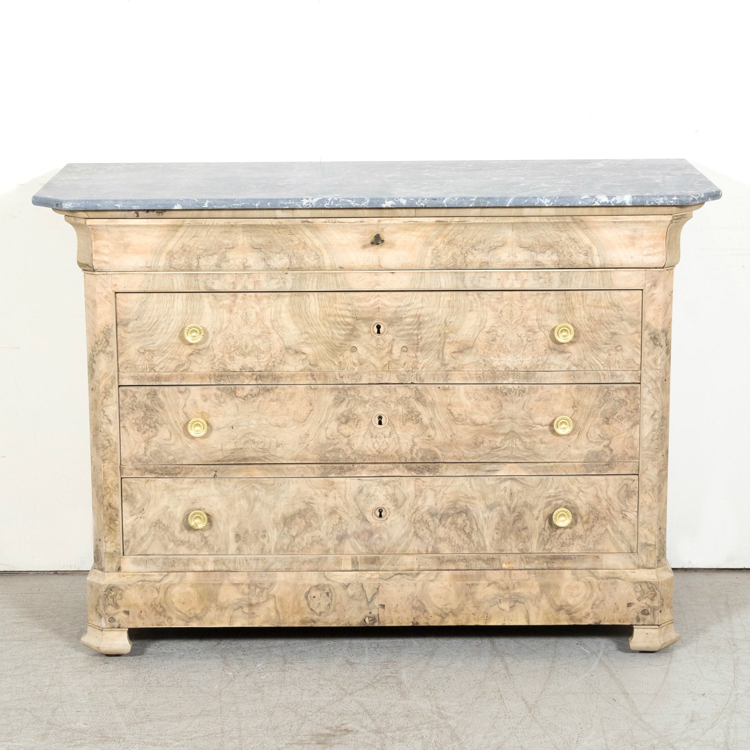 19th Century French Bleached Walnut Louis Philippe Style Commode with Bookmatched Burled Walnut Front and Marble Top