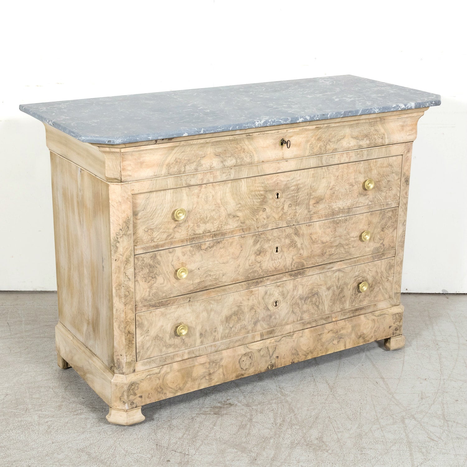 19th Century French Bleached Walnut Louis Philippe Style Commode with Bookmatched Burled Walnut Front and Marble Top