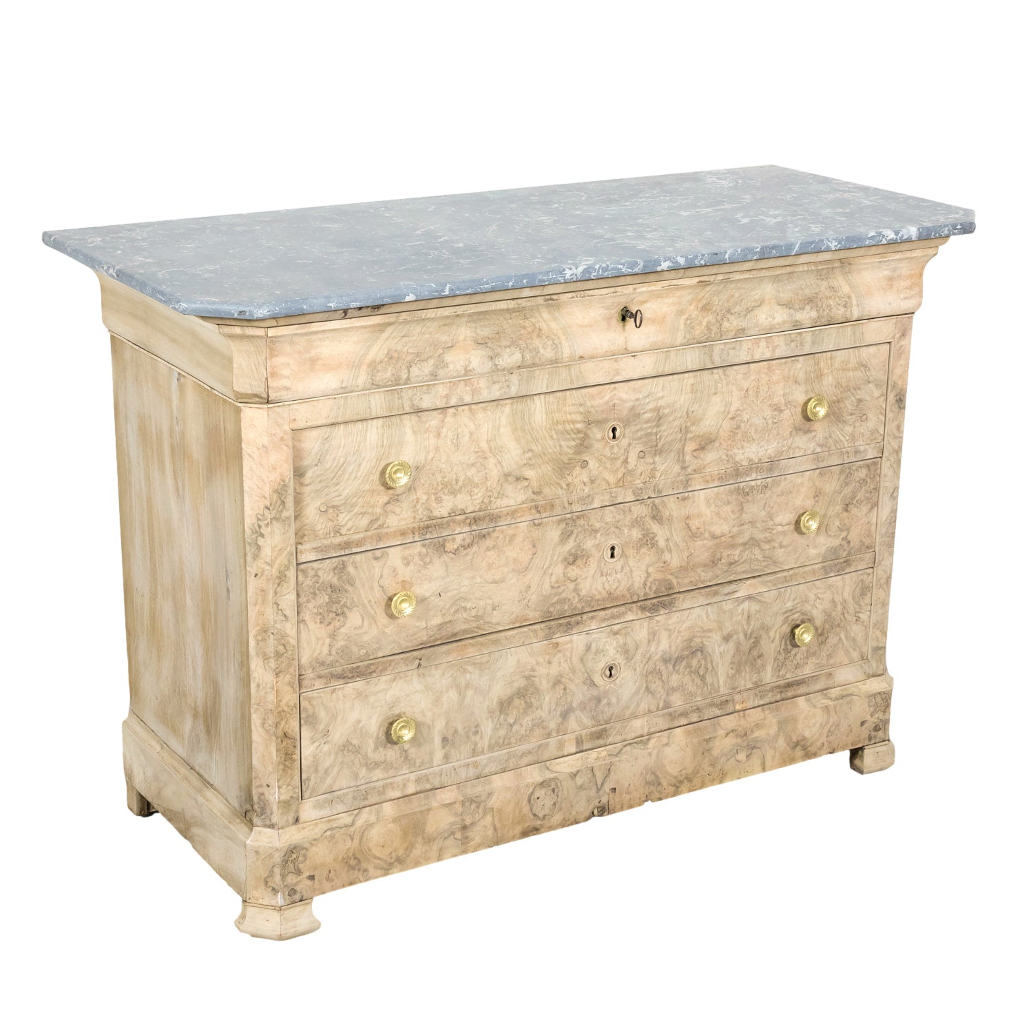 19th Century French Bleached Walnut Louis Philippe Style Commode with Bookmatched Burled Walnut Front and Marble Top