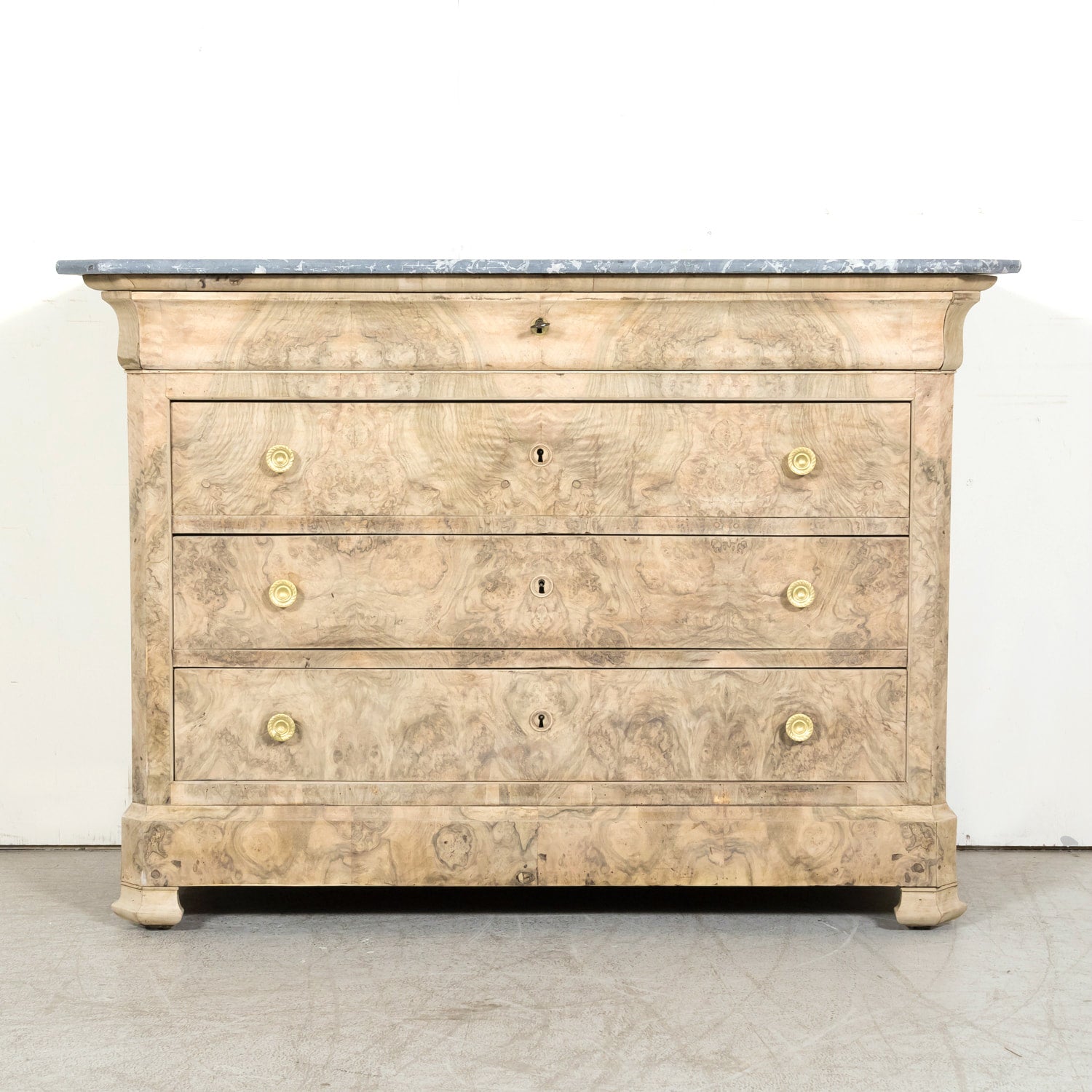 19th Century French Bleached Walnut Louis Philippe Style Commode with Bookmatched Burled Walnut Front and Marble Top