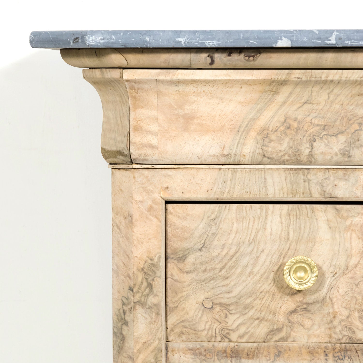 19th Century French Bleached Walnut Louis Philippe Style Commode with Bookmatched Burled Walnut Front and Marble Top