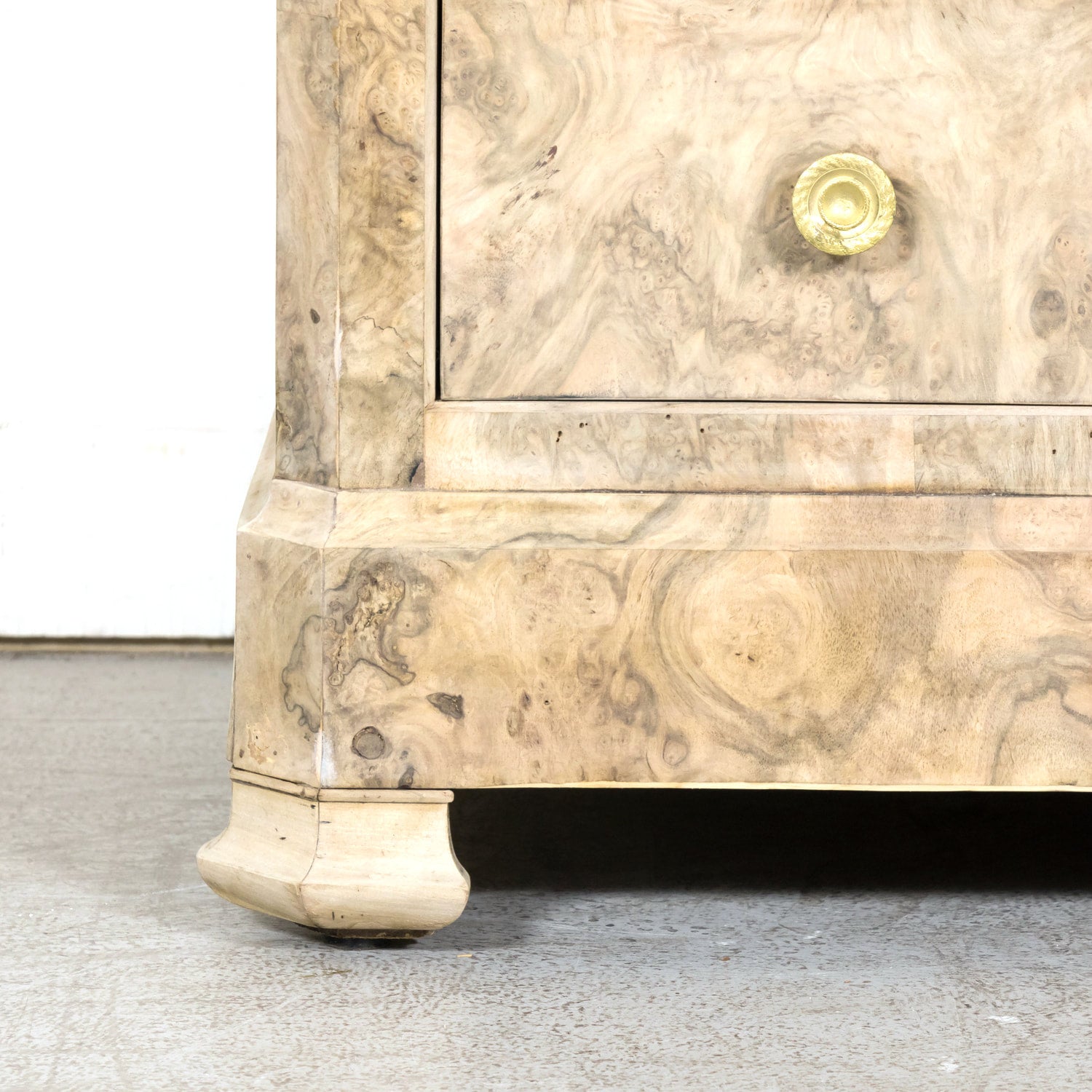 19th Century French Bleached Walnut Louis Philippe Style Commode with Bookmatched Burled Walnut Front and Marble Top
