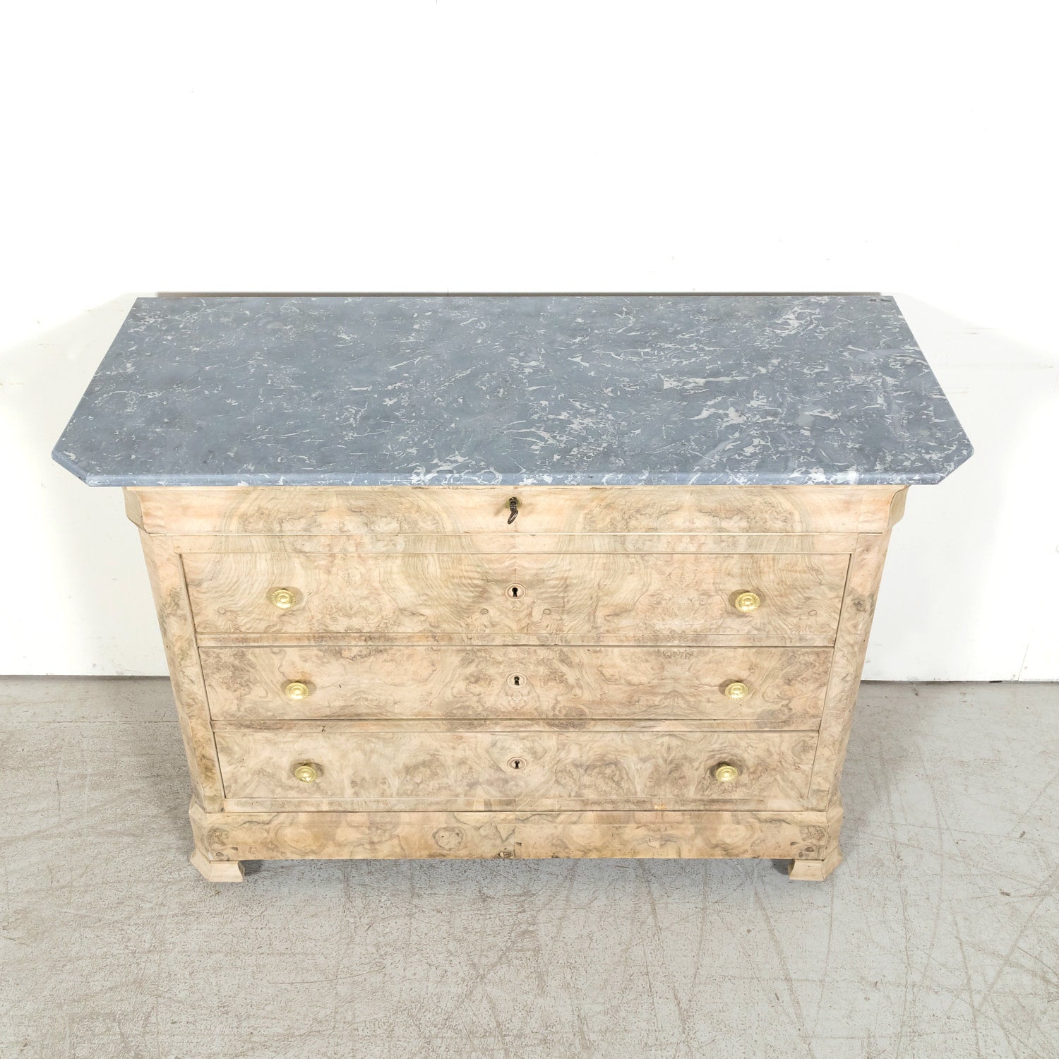 19th Century French Bleached Walnut Louis Philippe Style Commode with Bookmatched Burled Walnut Front and Marble Top