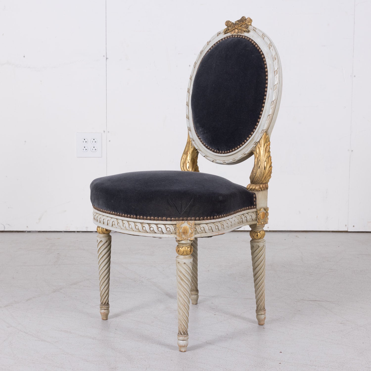 Fine Pair of Antique French Louis XVI Style Parcel Gilt and White Painted Side Chairs