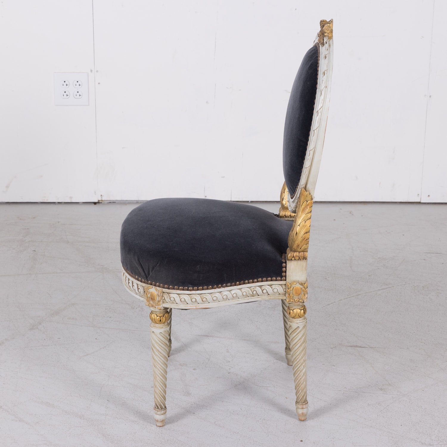 Fine Pair of Antique French Louis XVI Style Parcel Gilt and White Painted Side Chairs