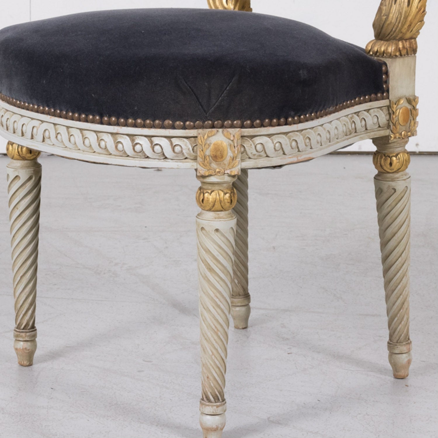 Fine Pair of Antique French Louis XVI Style Parcel Gilt and White Painted Side Chairs