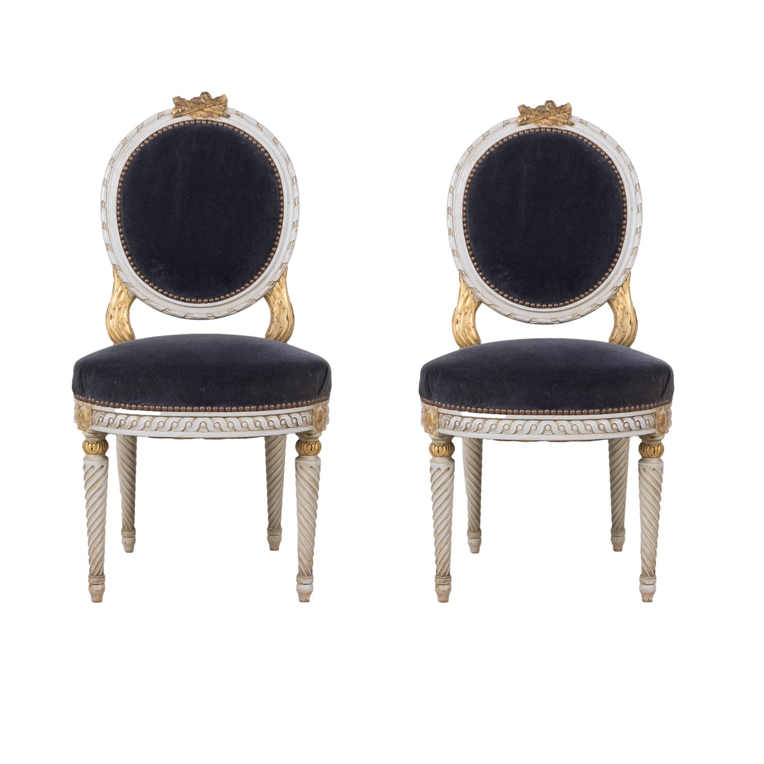 Fine Pair of Antique French Louis XVI Style Parcel Gilt and White Painted Side Chairs