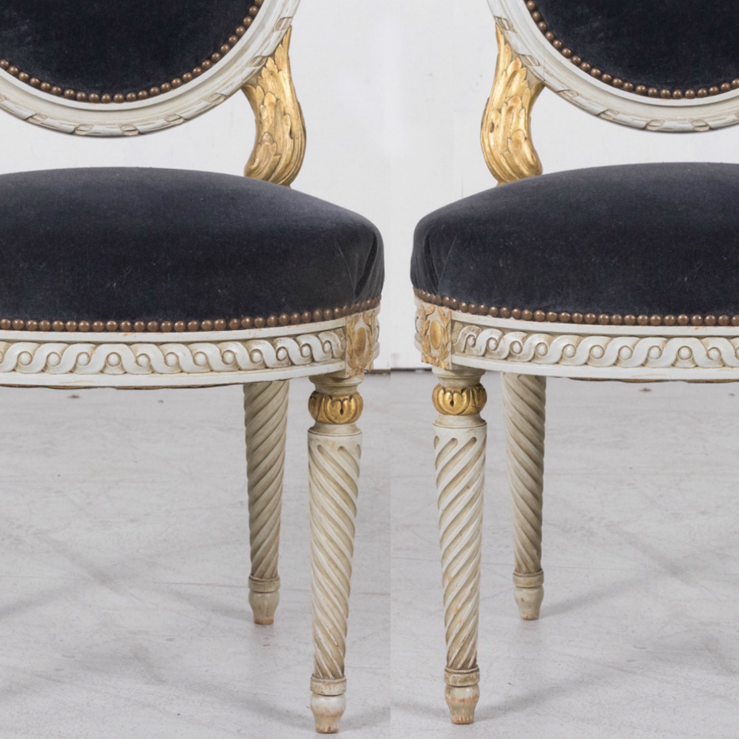 Fine Pair of Antique French Louis XVI Style Parcel Gilt and White Painted Side Chairs