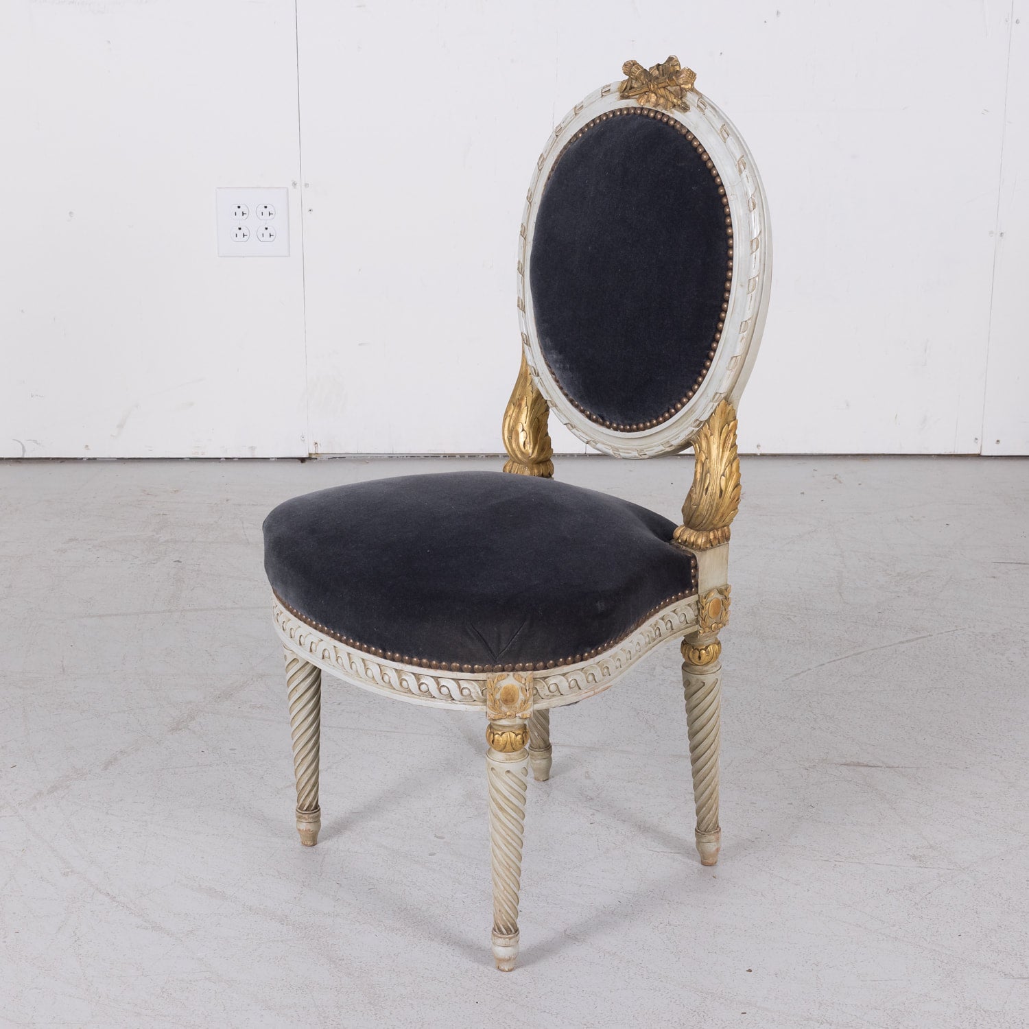 Fine Pair of Antique French Louis XVI Style Parcel Gilt and White Painted Side Chairs