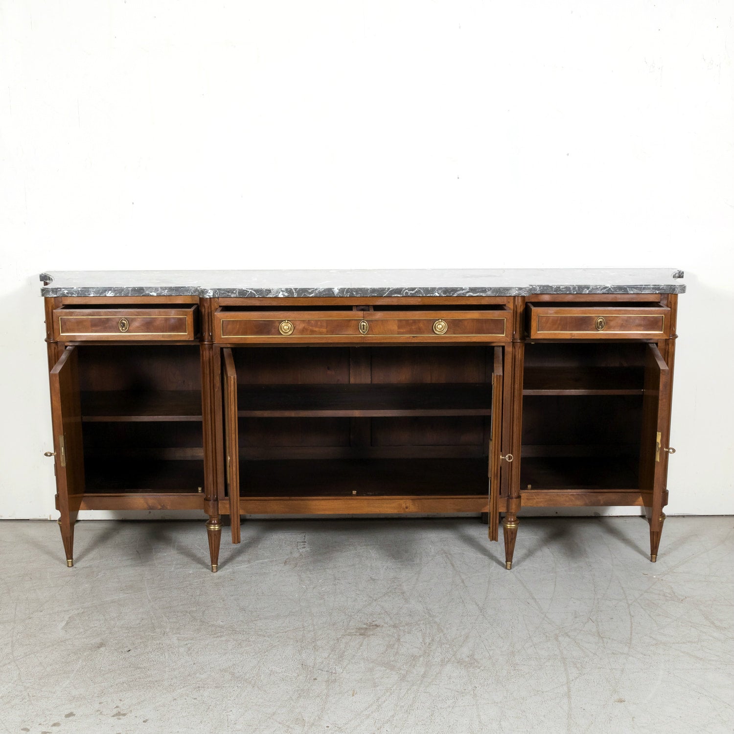 Antique French 20th Century Louis XVI Style Walnut Enfilade Buffet with Gray Marble Top