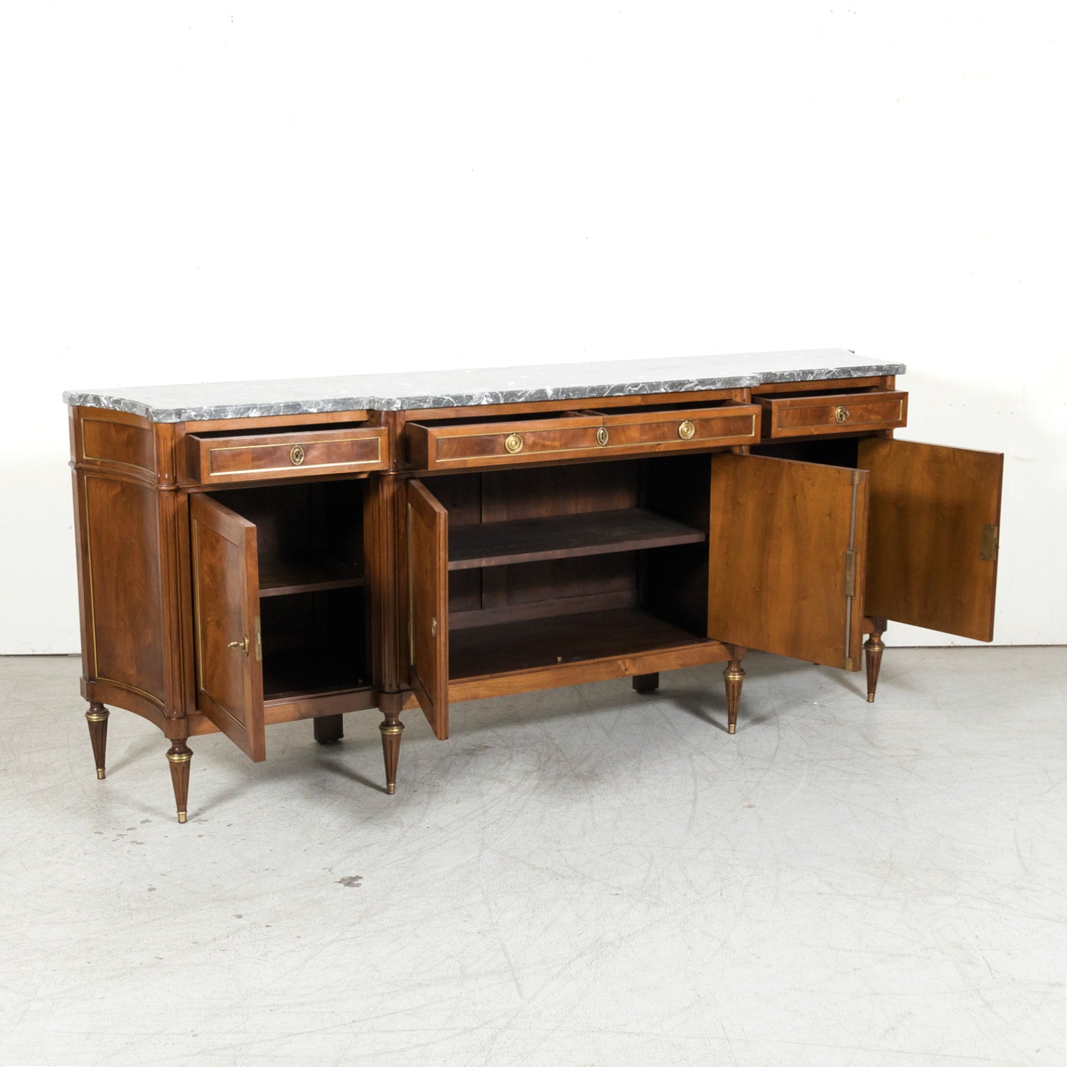 Antique French 20th Century Louis XVI Style Walnut Enfilade Buffet with Gray Marble Top