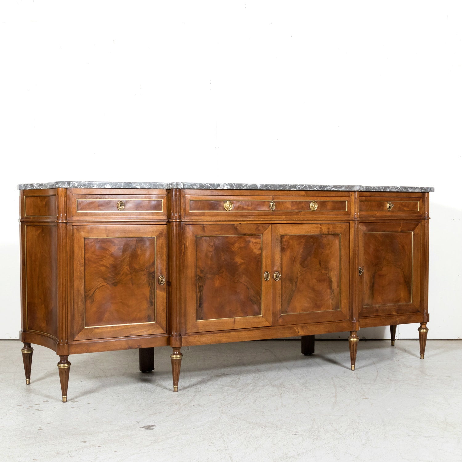 Antique French 20th Century Louis XVI Style Walnut Enfilade Buffet with Gray Marble Top