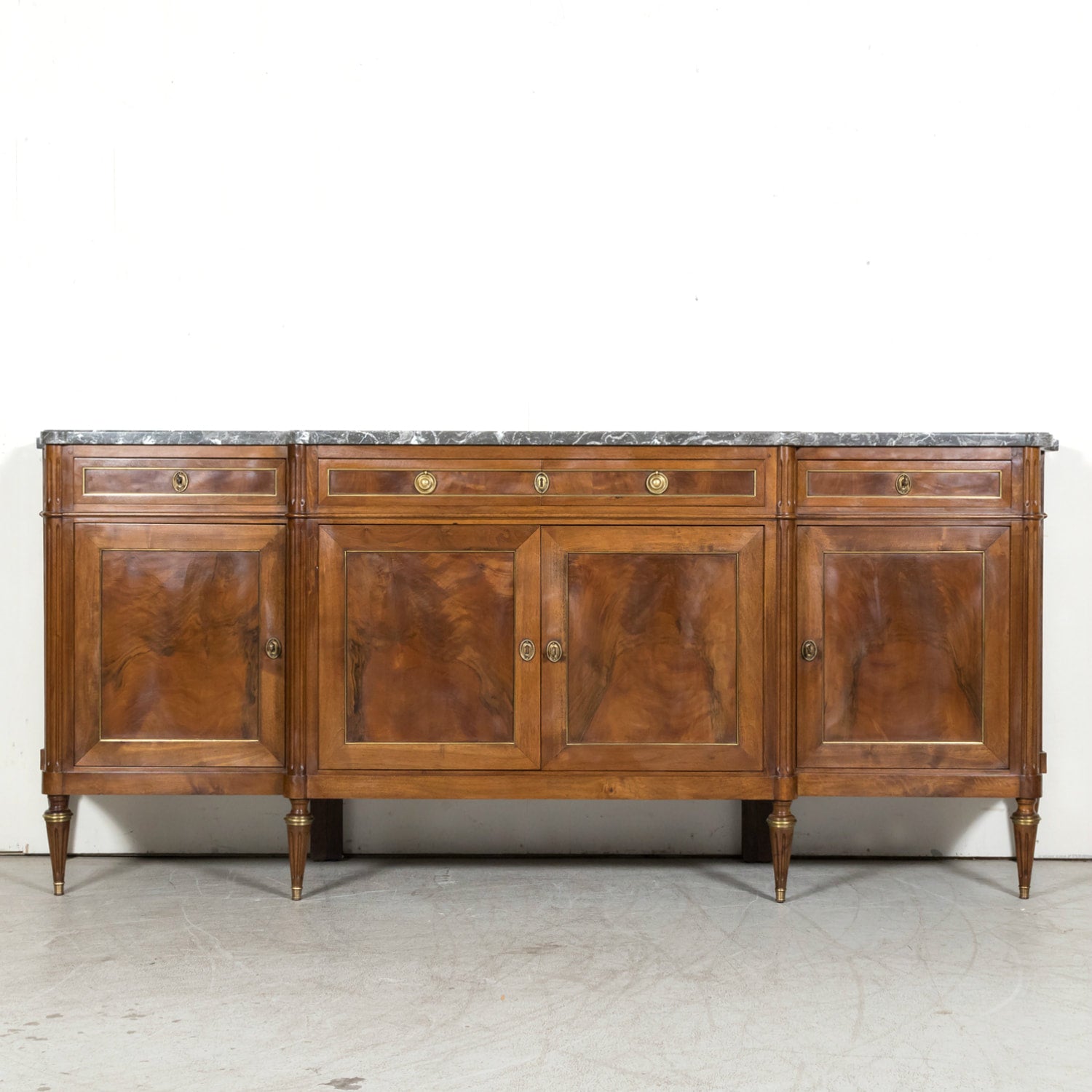 Antique French 20th Century Louis XVI Style Walnut Enfilade Buffet with Gray Marble Top