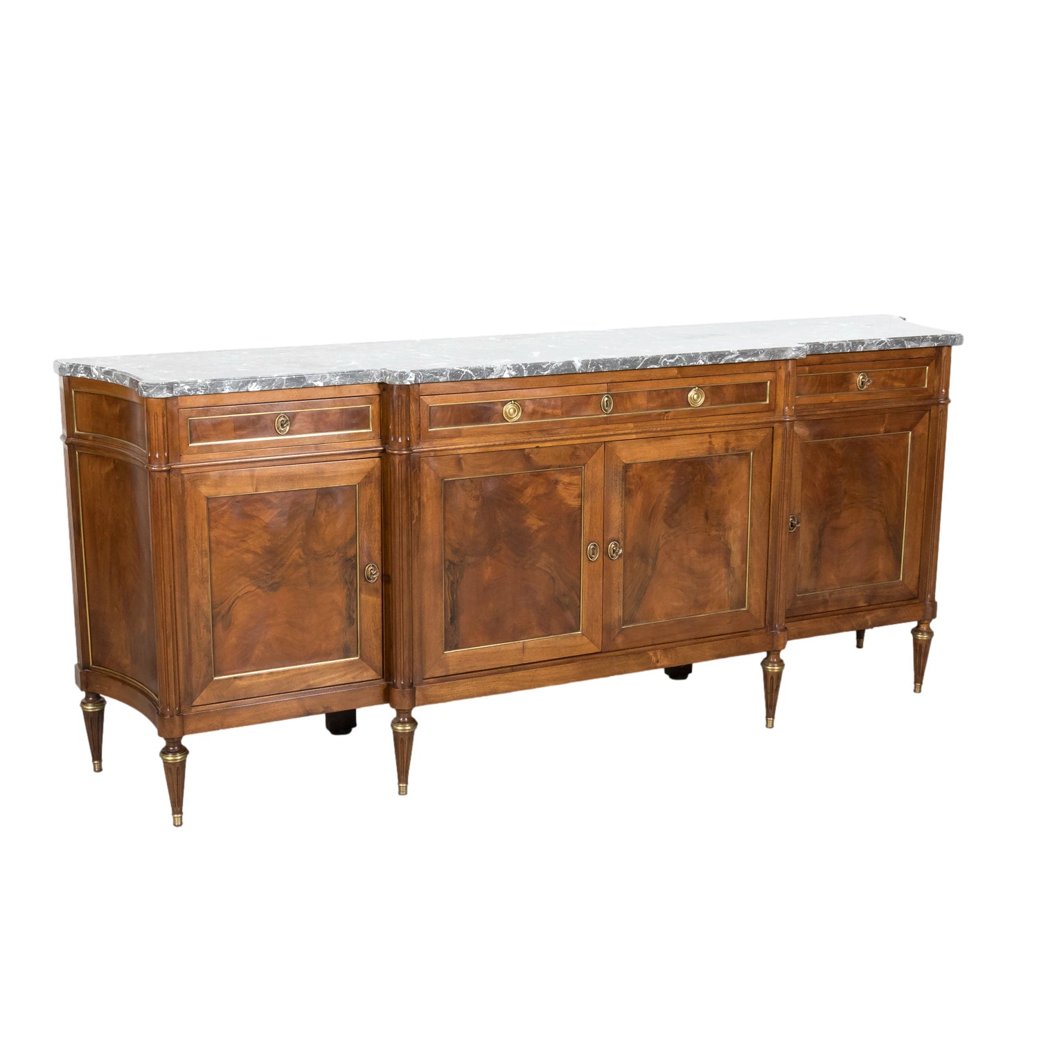 Antique French 20th Century Louis XVI Style Walnut Enfilade Buffet with Gray Marble Top
