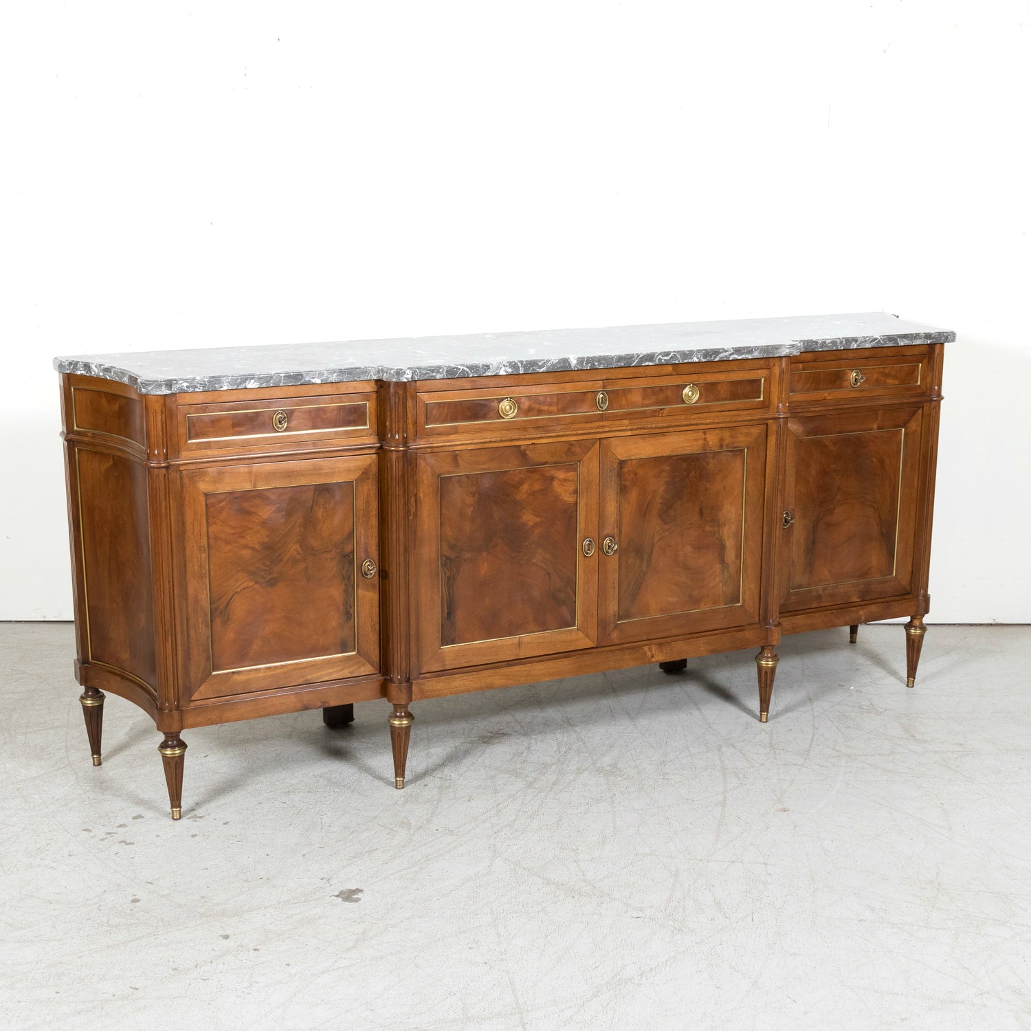 Antique French 20th Century Louis XVI Style Walnut Enfilade Buffet with Gray Marble Top