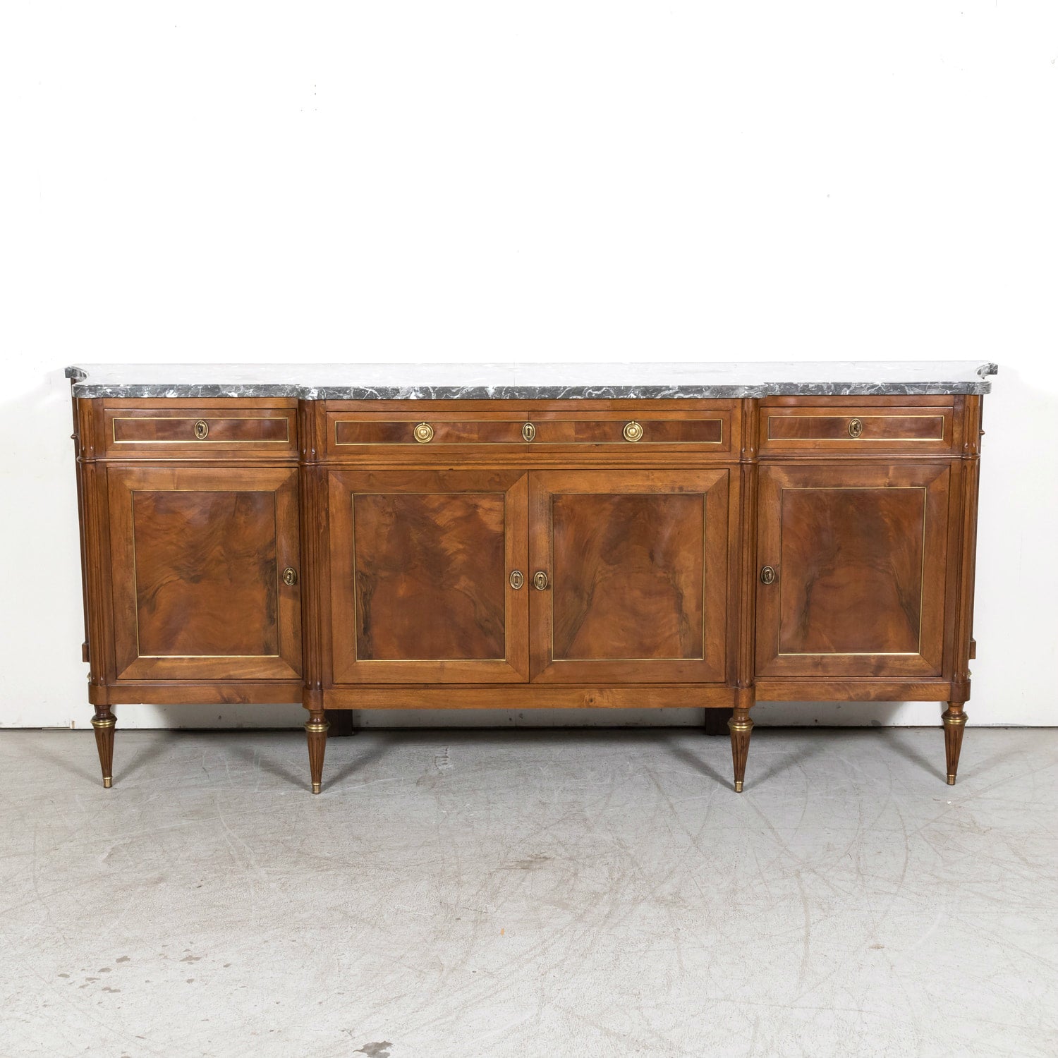Antique French 20th Century Louis XVI Style Walnut Enfilade Buffet with Gray Marble Top
