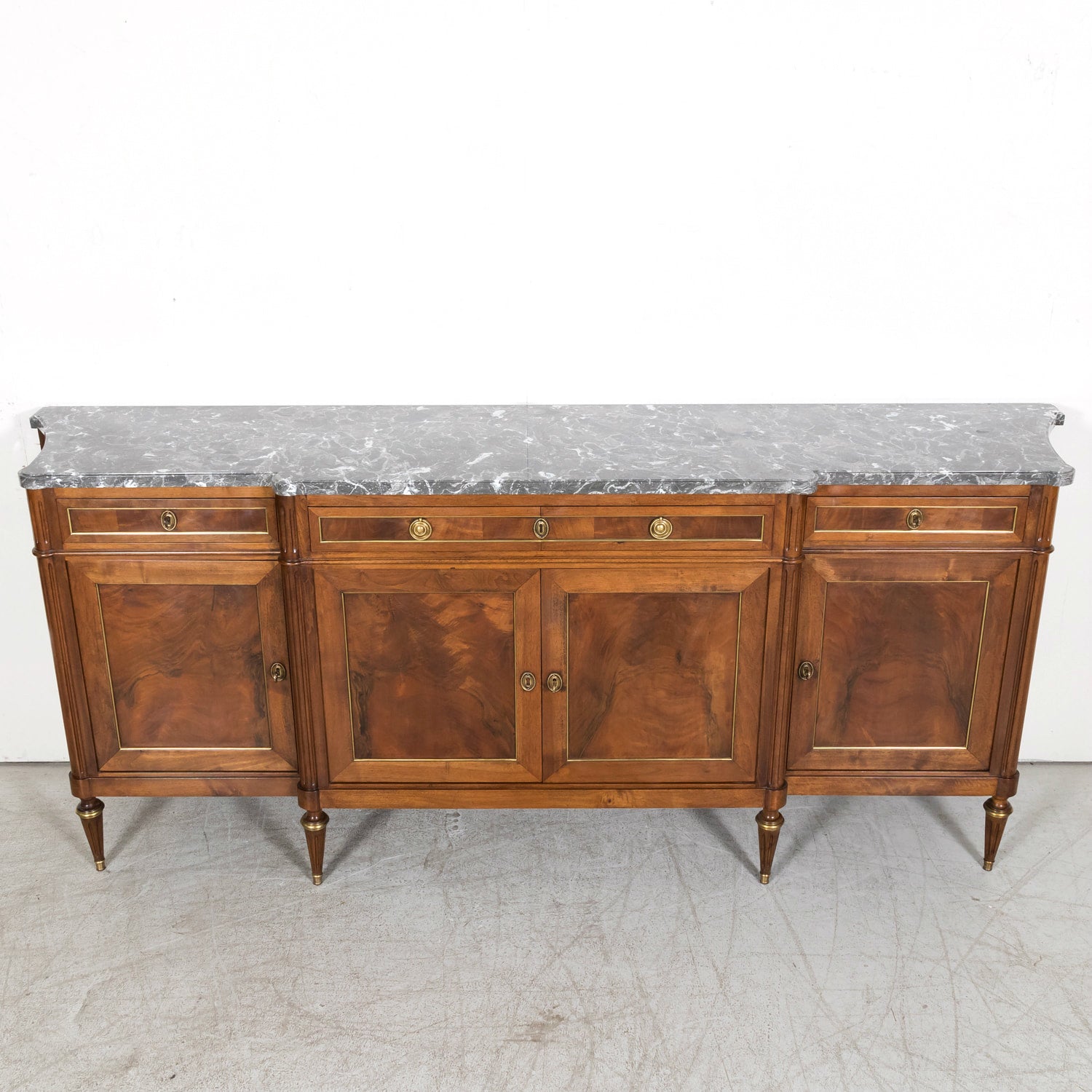 Antique French 20th Century Louis XVI Style Walnut Enfilade Buffet with Gray Marble Top