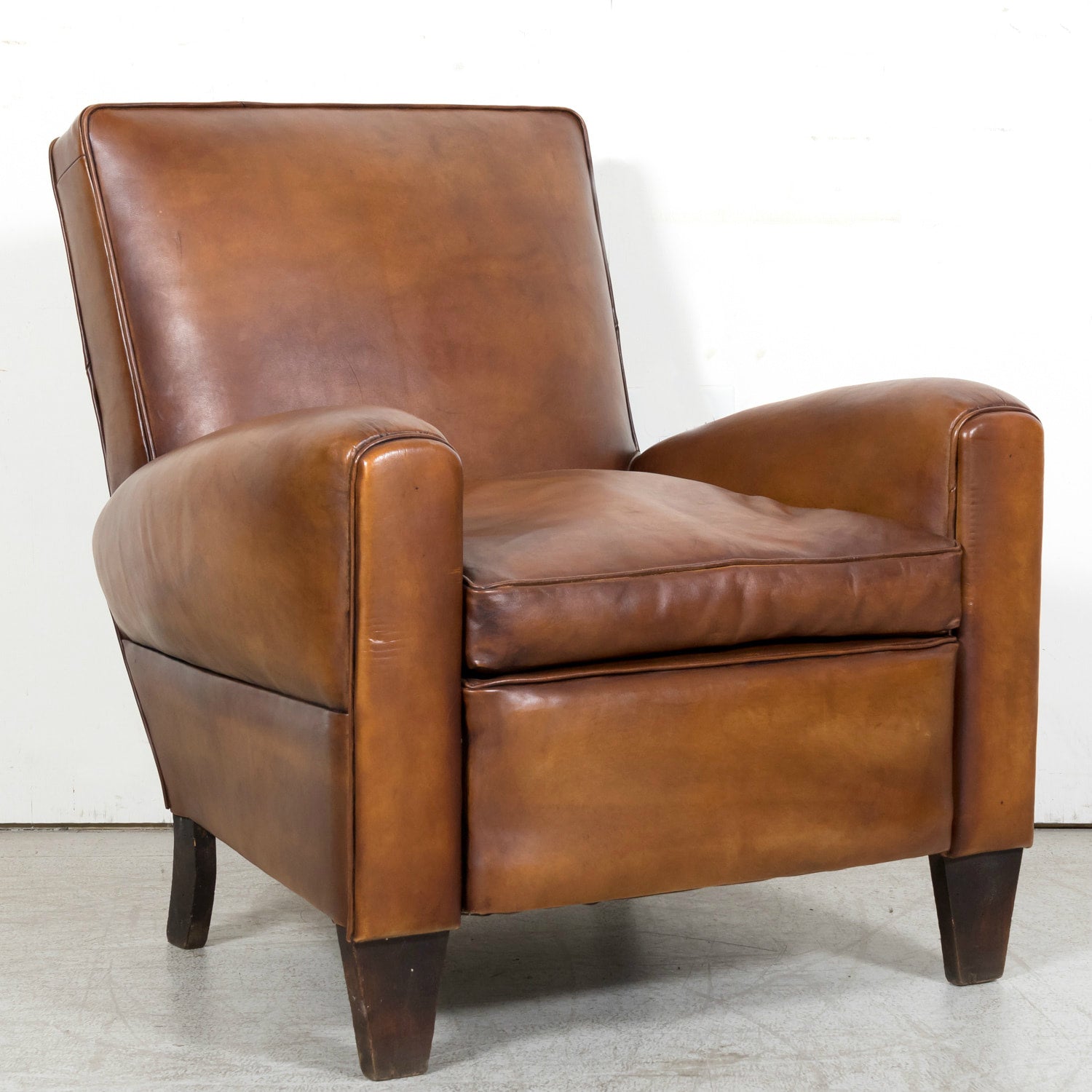 1930s Pair of French Art Deco Period Cognac Leather Club Chairs
