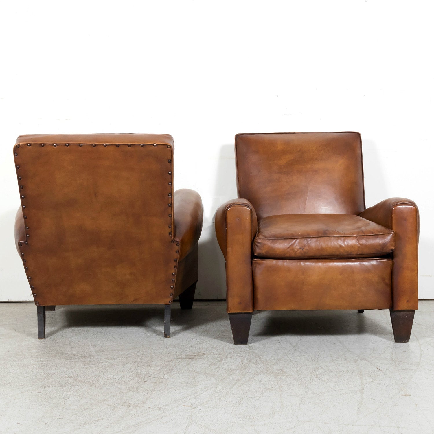 1930s Pair of French Art Deco Period Cognac Leather Club Chairs