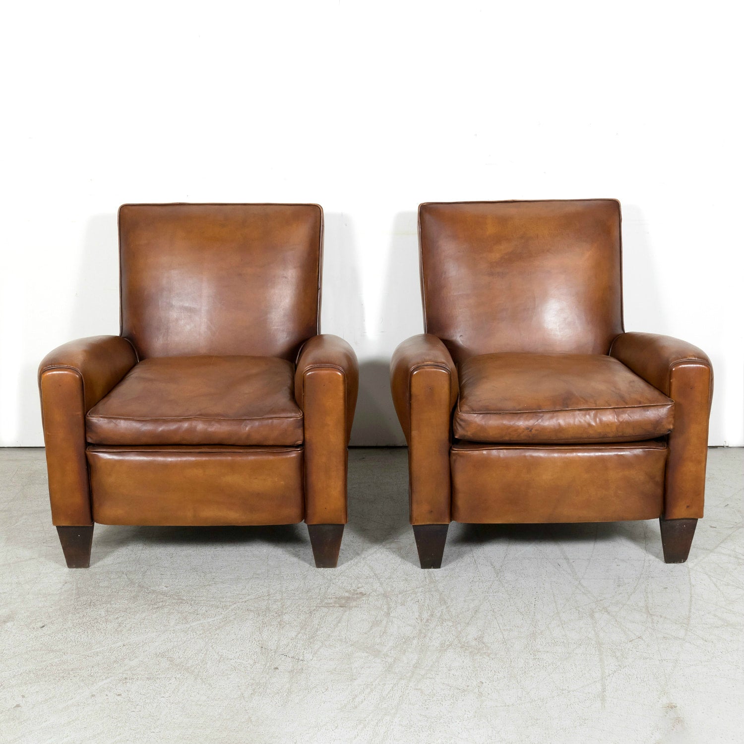 1930s Pair of French Art Deco Period Cognac Leather Club Chairs